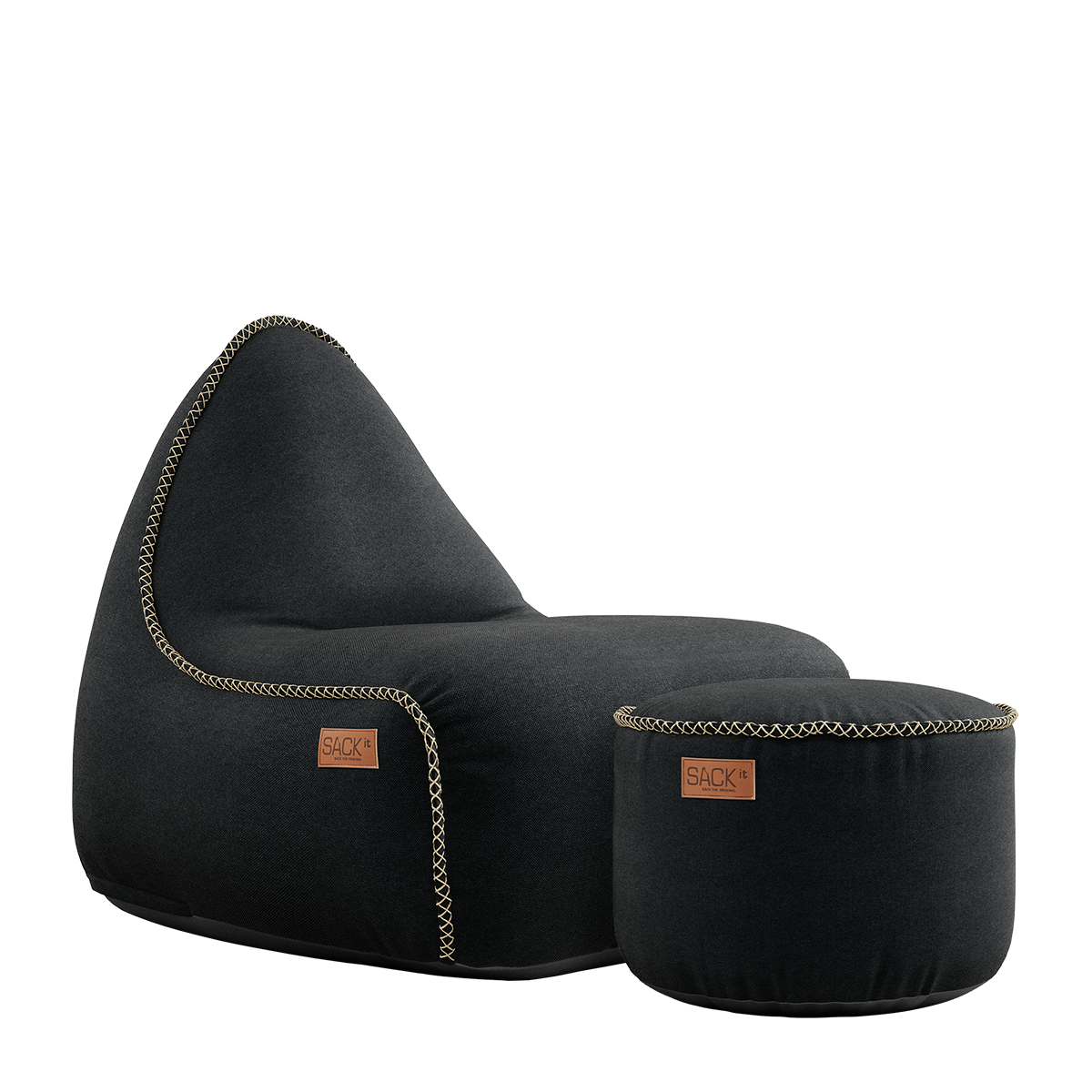Schwarzer Canvas Lounge Chair mit passendem Pouf aus robustem Polsterstoff, modernes Design. | Canvas Lounge Chair & Pouf - Canvas Black | SACKit