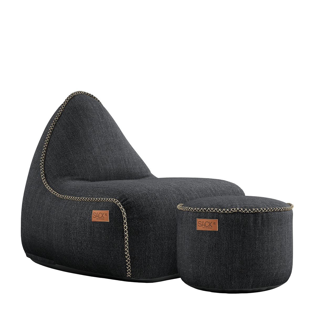 Schwarzer Cobana Lounge Chair und Pouf aus Olefin mit handgenähten Nähten, geeignet für drinnen und draußen. | Cobana Lounge Chair & Pouf - Cobana Black | SACKit