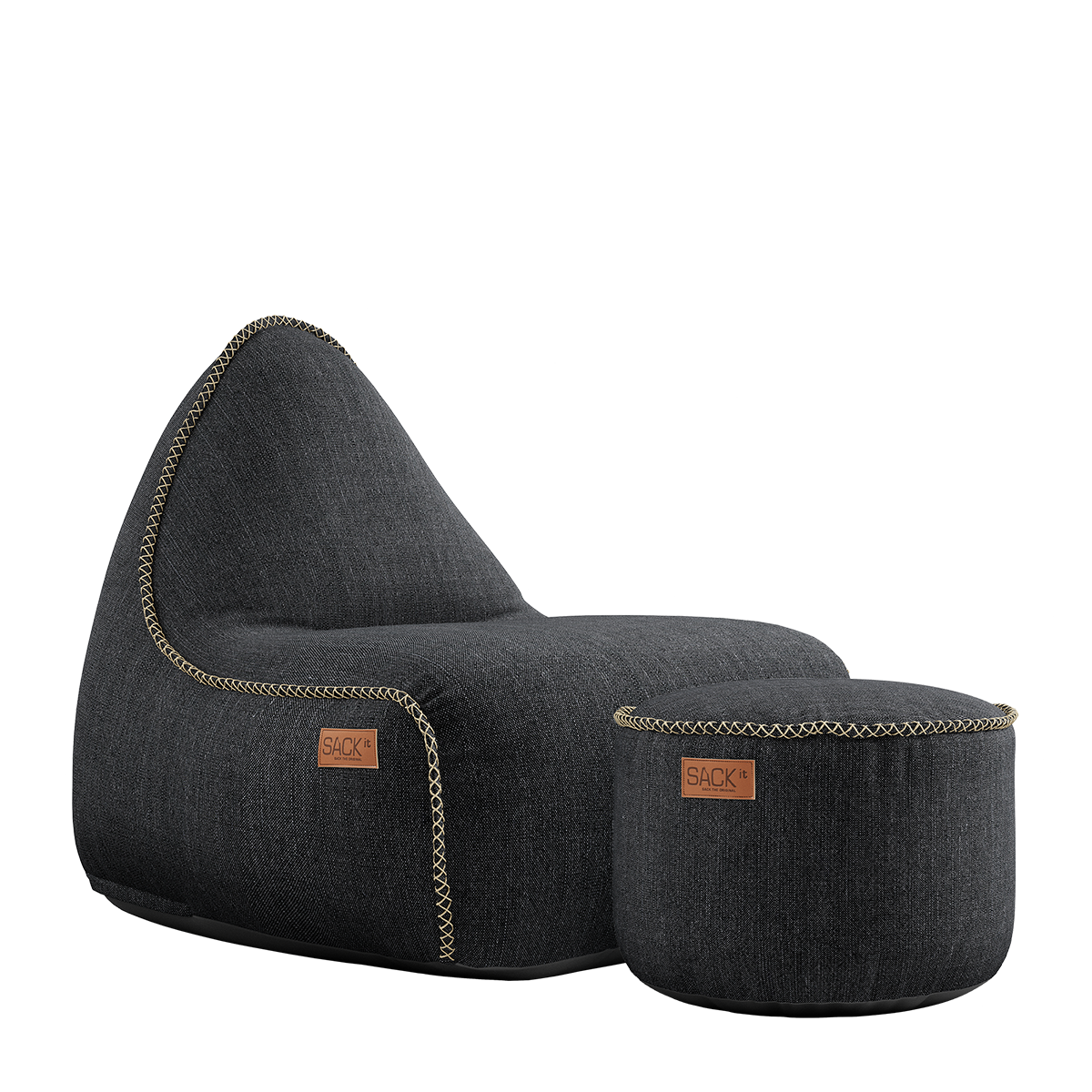 Schwarzer Cobana Lounge Chair und Pouf aus Olefin mit handgenähten Nähten, geeignet für drinnen und draußen. | Cobana Lounge Chair & Pouf - Cobana Black | SACKit