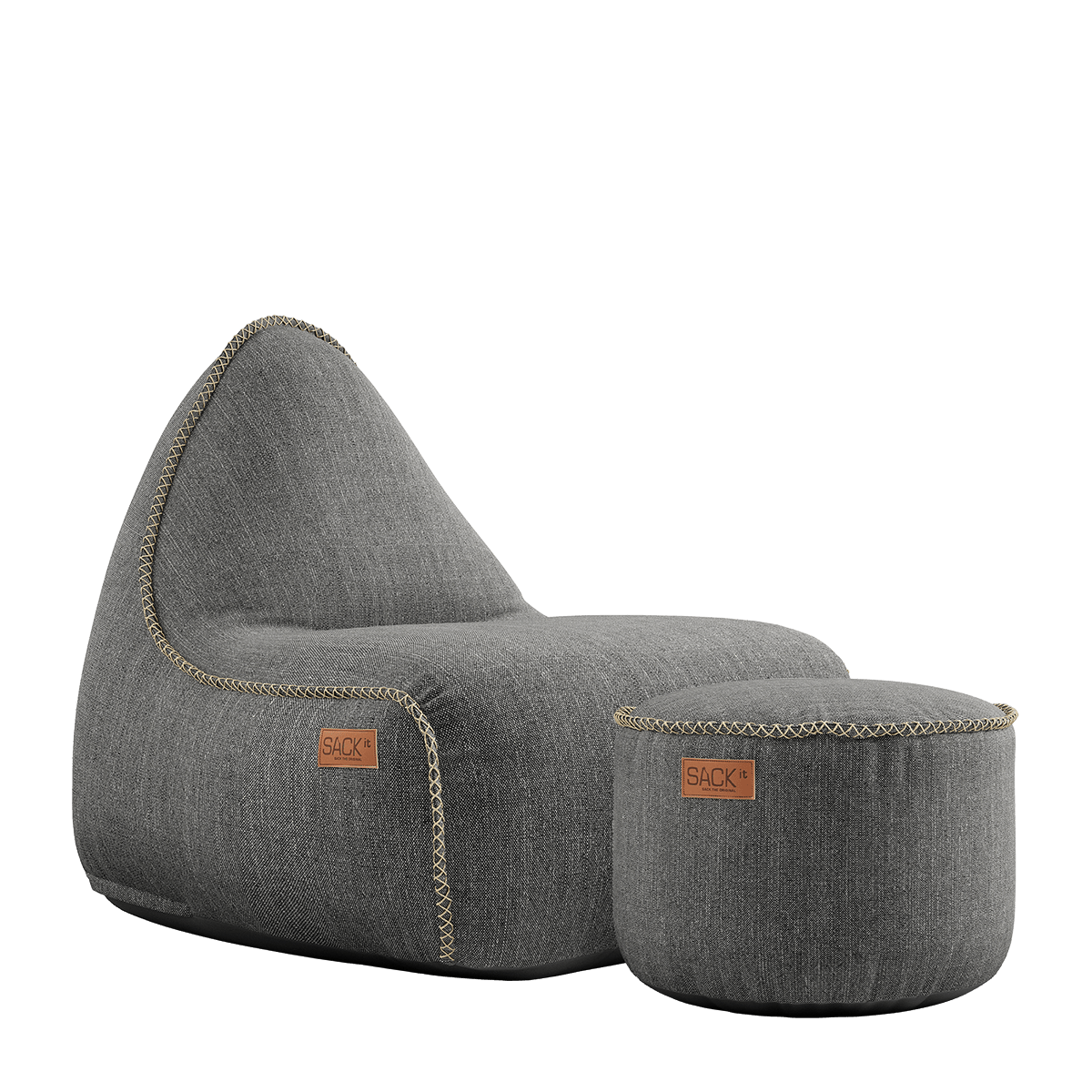 Cobana Lounge Chair und Pouf in grauem Olefin-Stoff, runder Sitzsack mit Rückenlehne und passendem Hocker.
