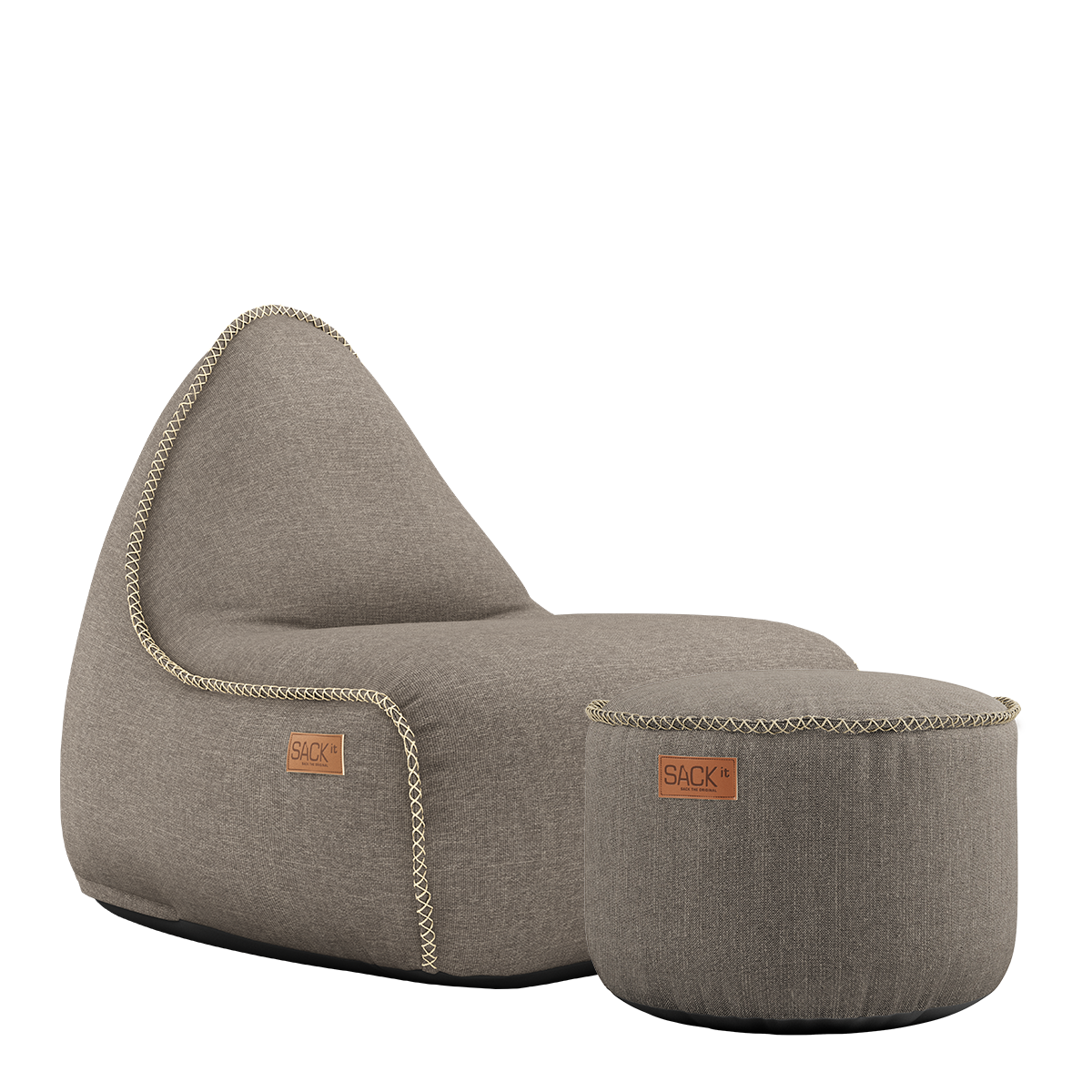 Cobana Lounge Chair und Pouf in taupefarbenem, wasserabweisendem Olefin - Gewebe mit handgenähten Nähten | Cobana Lounge Chair & Pouf - Cobana Taupe | SACKit
