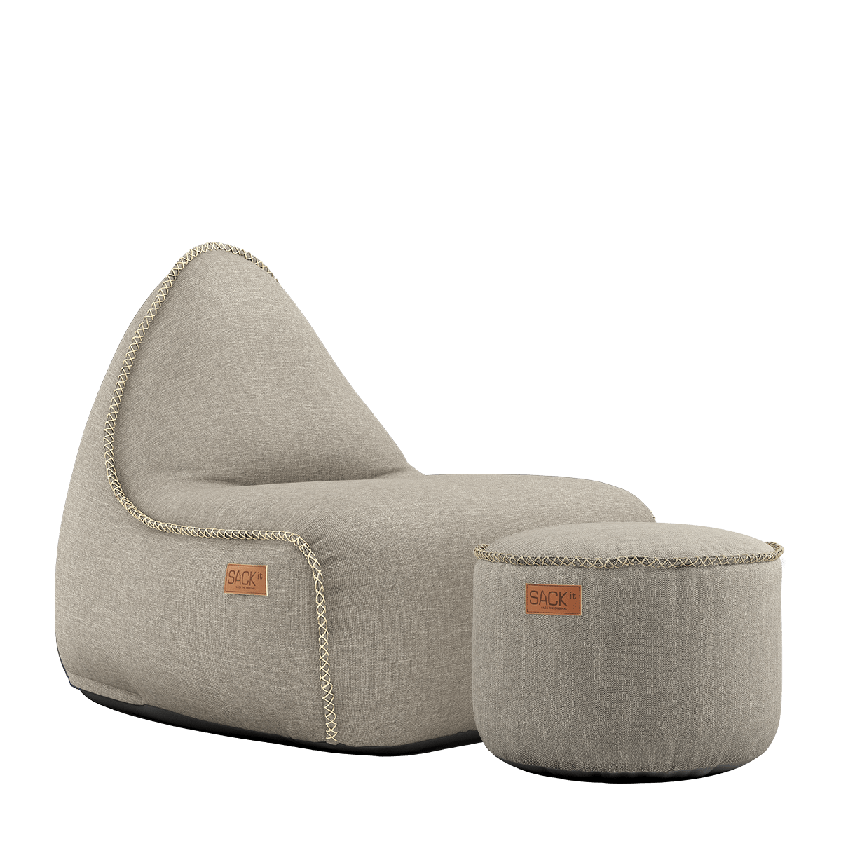 Cobana Lounge Chair und Pouf in Kirra Sand, weicher Sitzsack mit Rückenlehne und rundem Hocker.