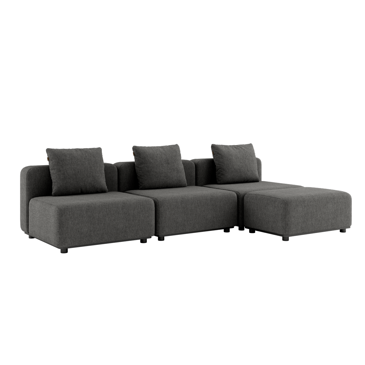 Graues Cobana Lounge Sofa mit drei Sitzelementen und Hocker ohne Armlehnen im Außenbereich.