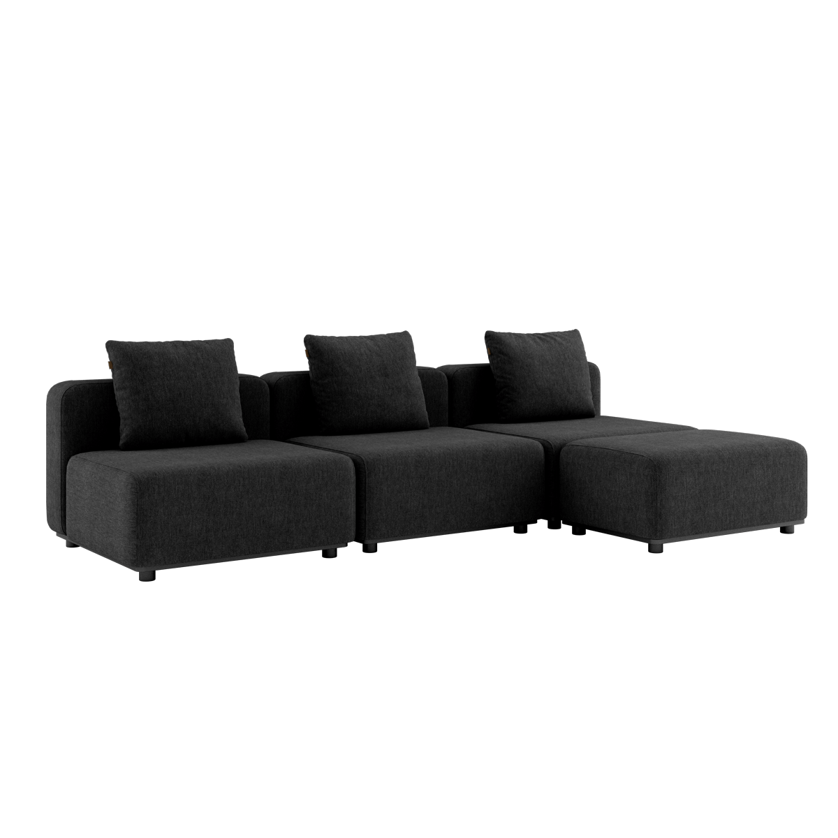 Schwarzes Cobana Lounge Sofa mit drei Modulen und Hocker, ohne Armlehnen, für den Außenbereich.
