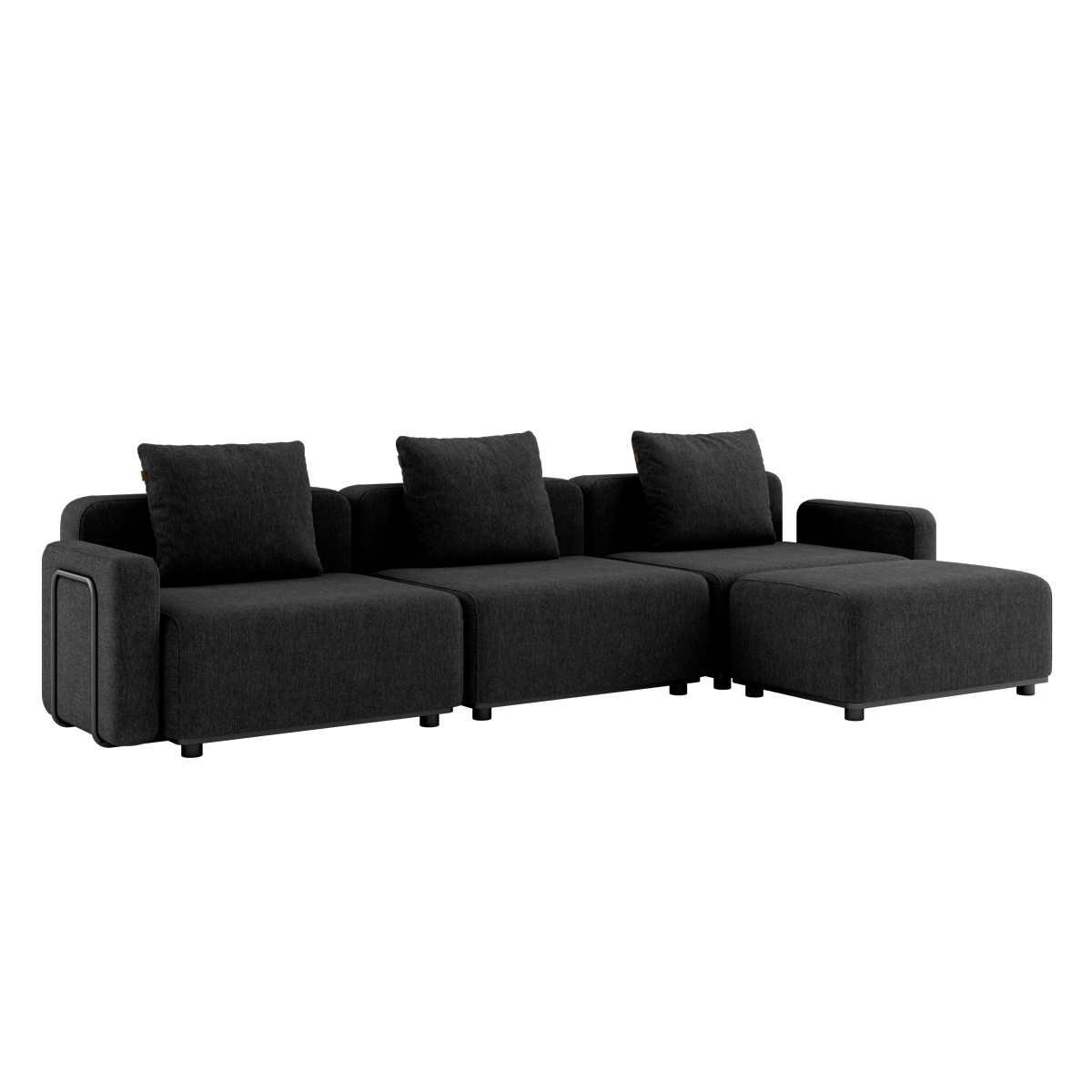 Schwarzes Cobana Lounge Sofa mit Armlehnen und Hocker, modular und wetterfest für den Außenbereich.