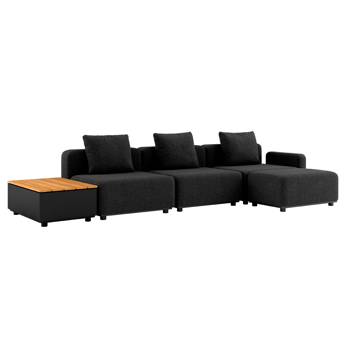 Schwarzes Cobana Lounge Sofa mit Hocker und Patio Storage Table aus Aluminium und Teakholz im Freien | Cobana Lounge Sofa - 3 seater w/ Patio Storage Table - Cobana Black Mit Hocker | SACKit