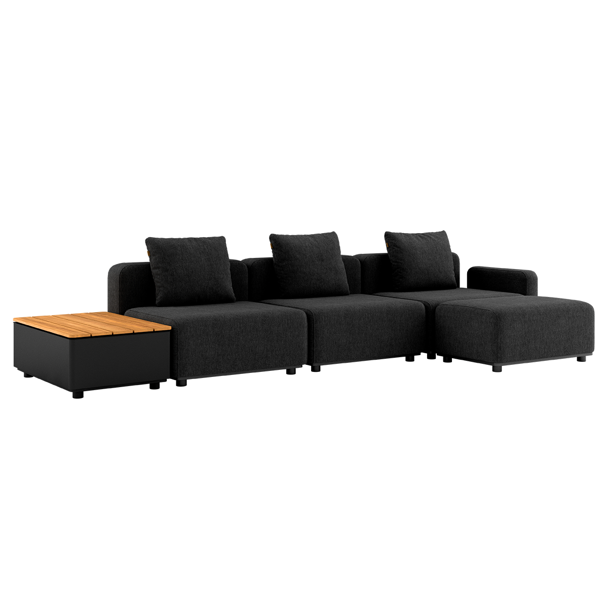 Schwarzes Cobana Lounge Sofa mit Hocker und Patio Storage Table aus Aluminium und Teakholz im Freien | Cobana Lounge Sofa - 3 seater w/ Patio Storage Table - Cobana Black Mit Hocker | SACKit