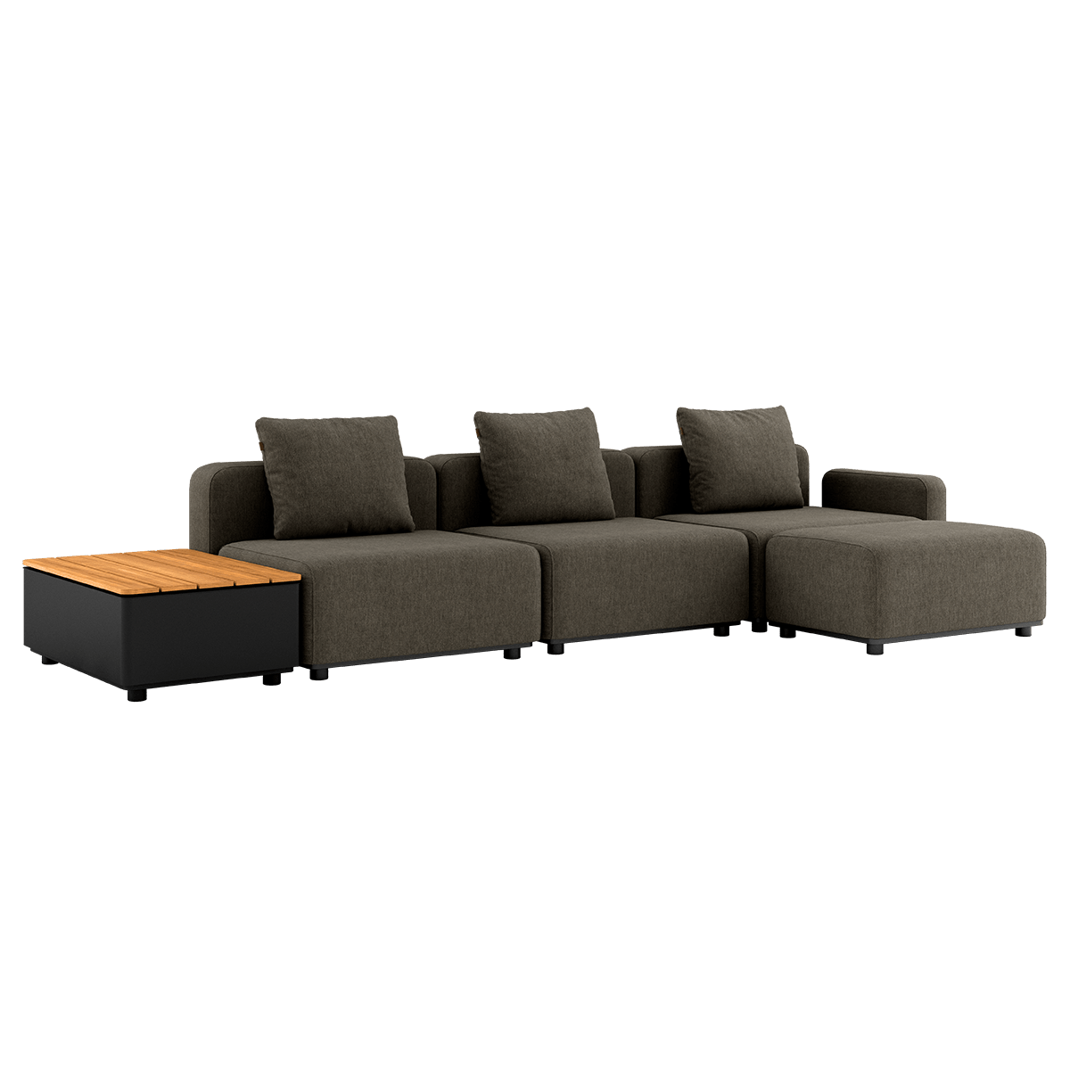 Cobana Lounge Sofa in Cobana Brown mit Hocker und Patio Storage Table aus Aluminium und Teakholz.