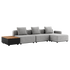 Graues modulares Outdoor Sofa von sackit mit drei Sitzplätzen und schwarzem Beistelltisch mit Teakholzplatte sowie drei Rückenkissen