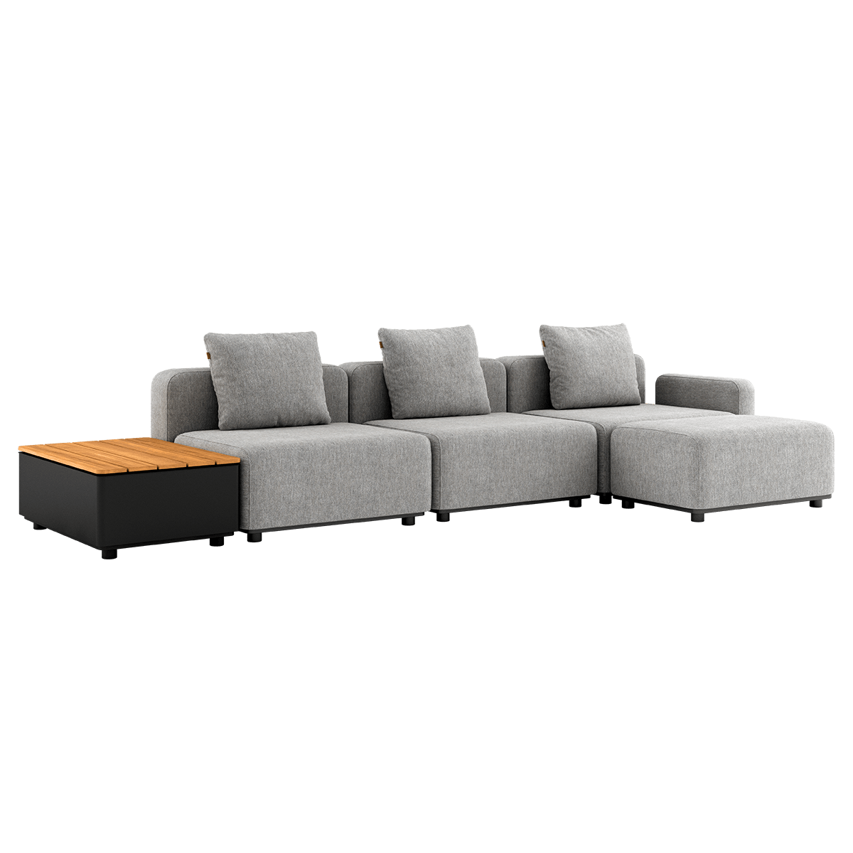 Cobana Lounge Sofa in Cobana Sand Melange mit Hocker und Patio Storage Table aus Aluminium und Teakholz.