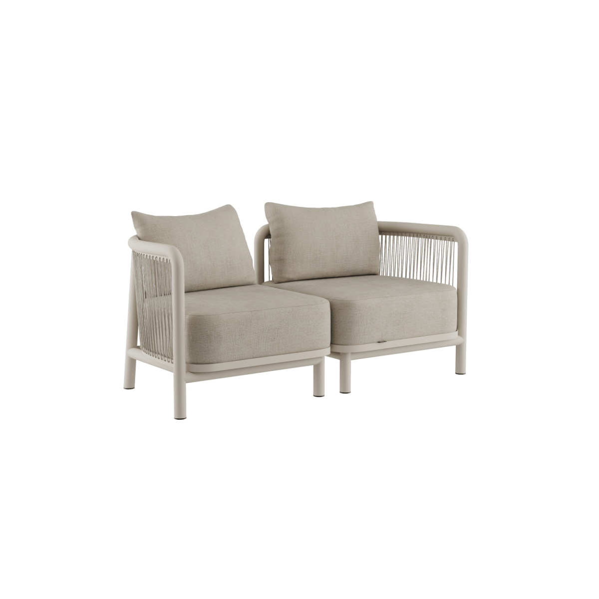 Zweisitziges Kirra Lounge Sofa in Sandfarbe mit pulverbeschichtetem Aluminiumrahmen und Olefin-Textil.