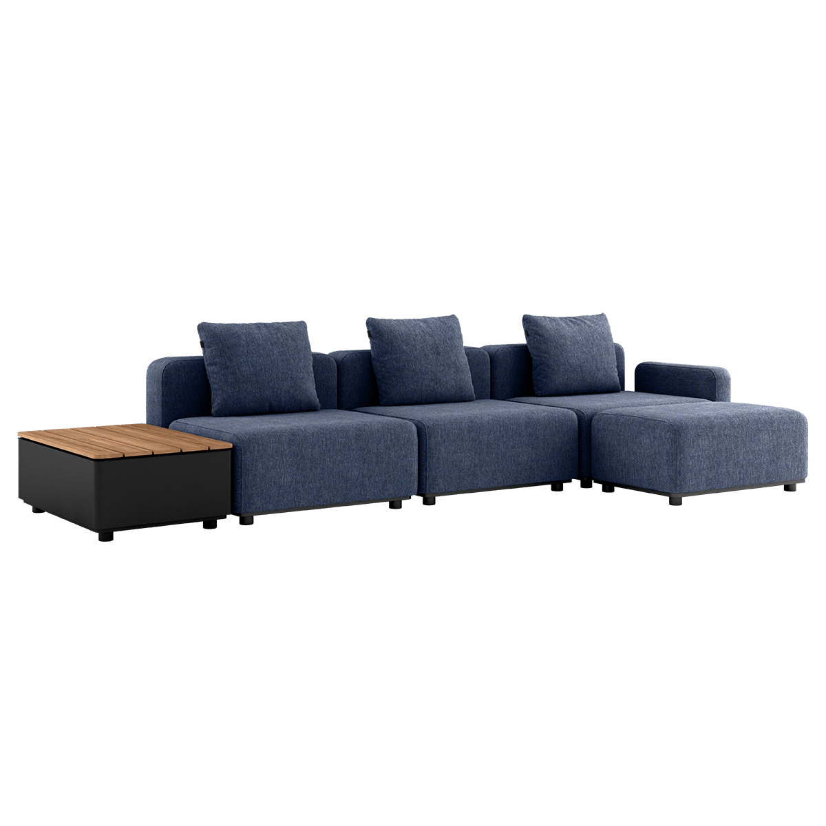 Cobana Lounge Sofa in Kirra Indigo mit Hocker und Patio Storage Table aus Aluminium und Teakholz.