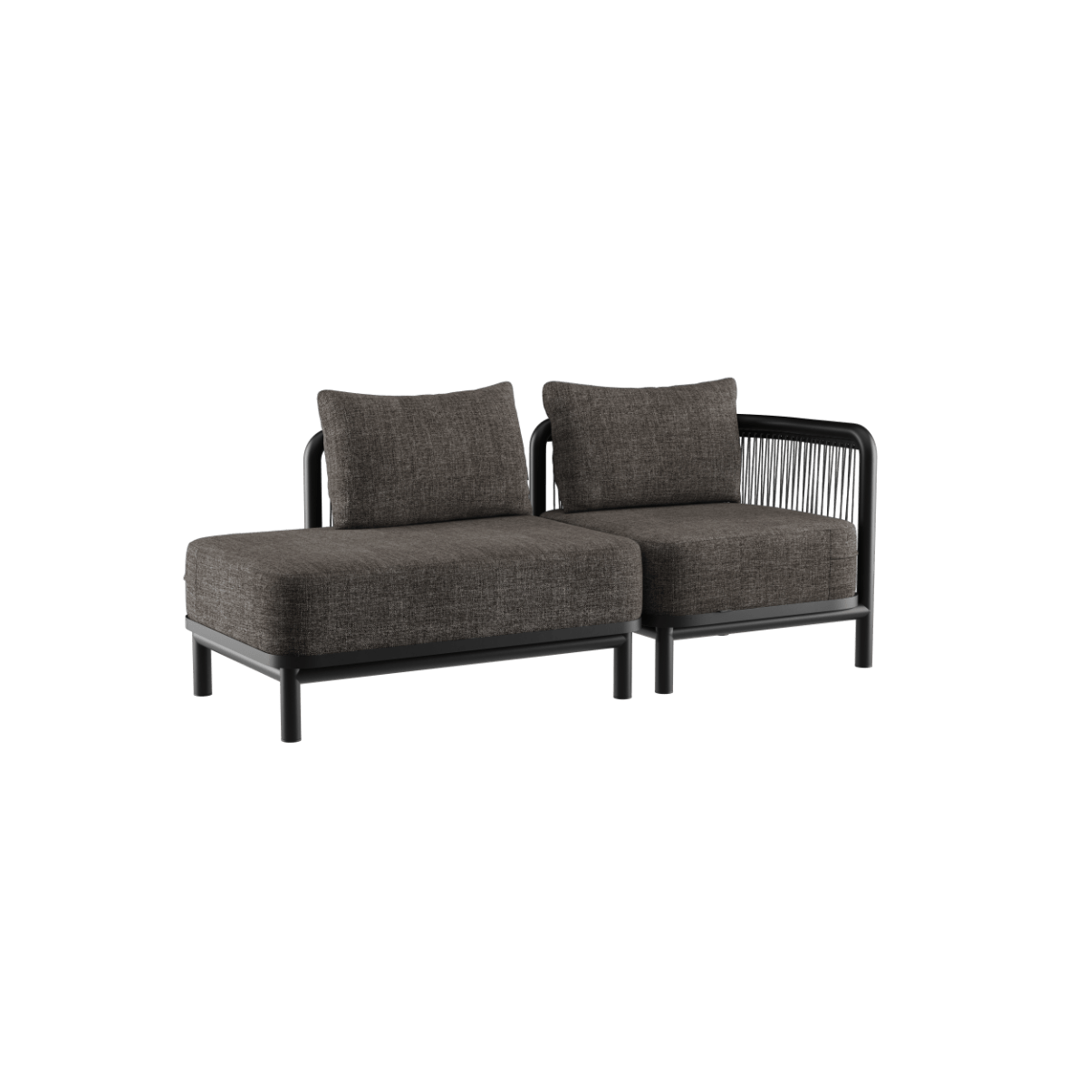 Kirra Lounge Sofa 2-Sitzer in Kirra Noir mit offenem Ende rechts aus wasserabweisendem Olefin-Textil.