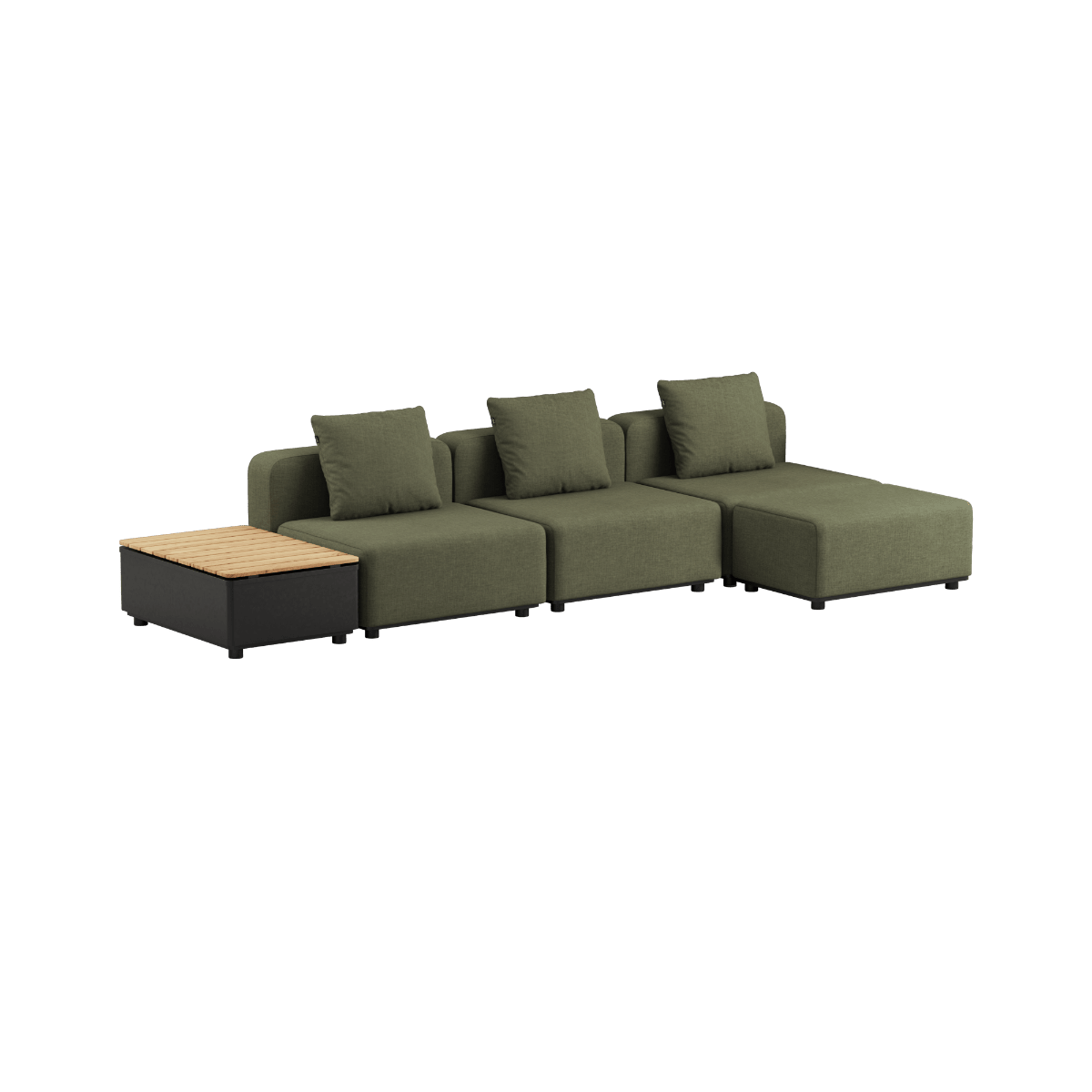 Dreisitziges Cobana Lounge Sofa in Kirra Olive ohne Armlehnen mit Hocker und Patio Storage Table aus Aluminium und Teakholz | Cobana Lounge Sofa - 3 seater w/ Patio Storage Table - Kirra Olive Ohne Armlehnen Mit Hocker | SACKit