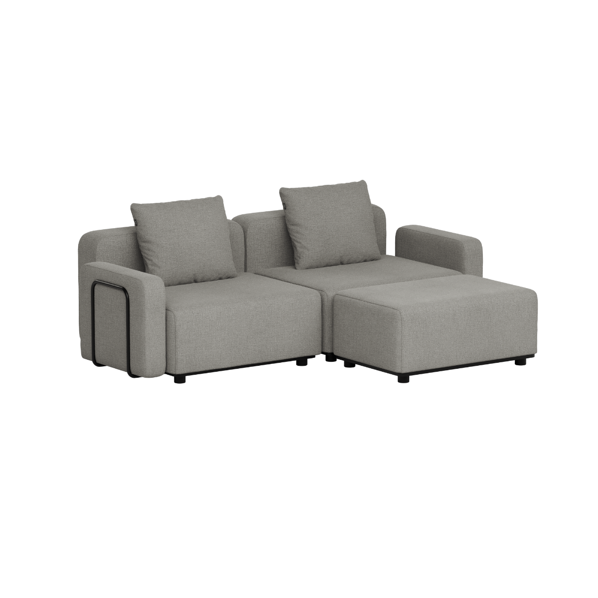 Graues modulares Outdoor Lounge Sofa für zwei Personen mit weichen Kissen und großzügiger Ottomane von sackit für Garten Terrasse und Balkon