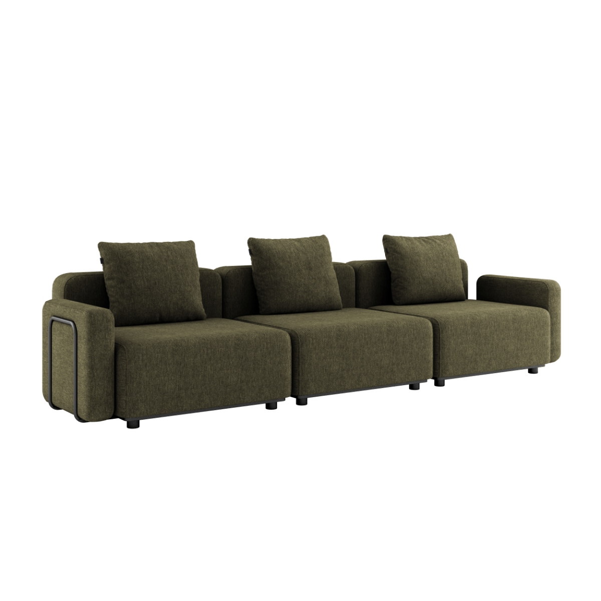 Dreisitziges Cobana Lounge Sofa in Kirra Olive mit Armlehnen ohne Hocker, modular und outdoor geeignet.