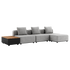 Graues modulares Outdoor Sofa von sackit mit drei Sitzplätzen und drei Kissen sowie schwarzem Beistelltisch mit Holzplatte und Stauraum für Terrasse und Garten