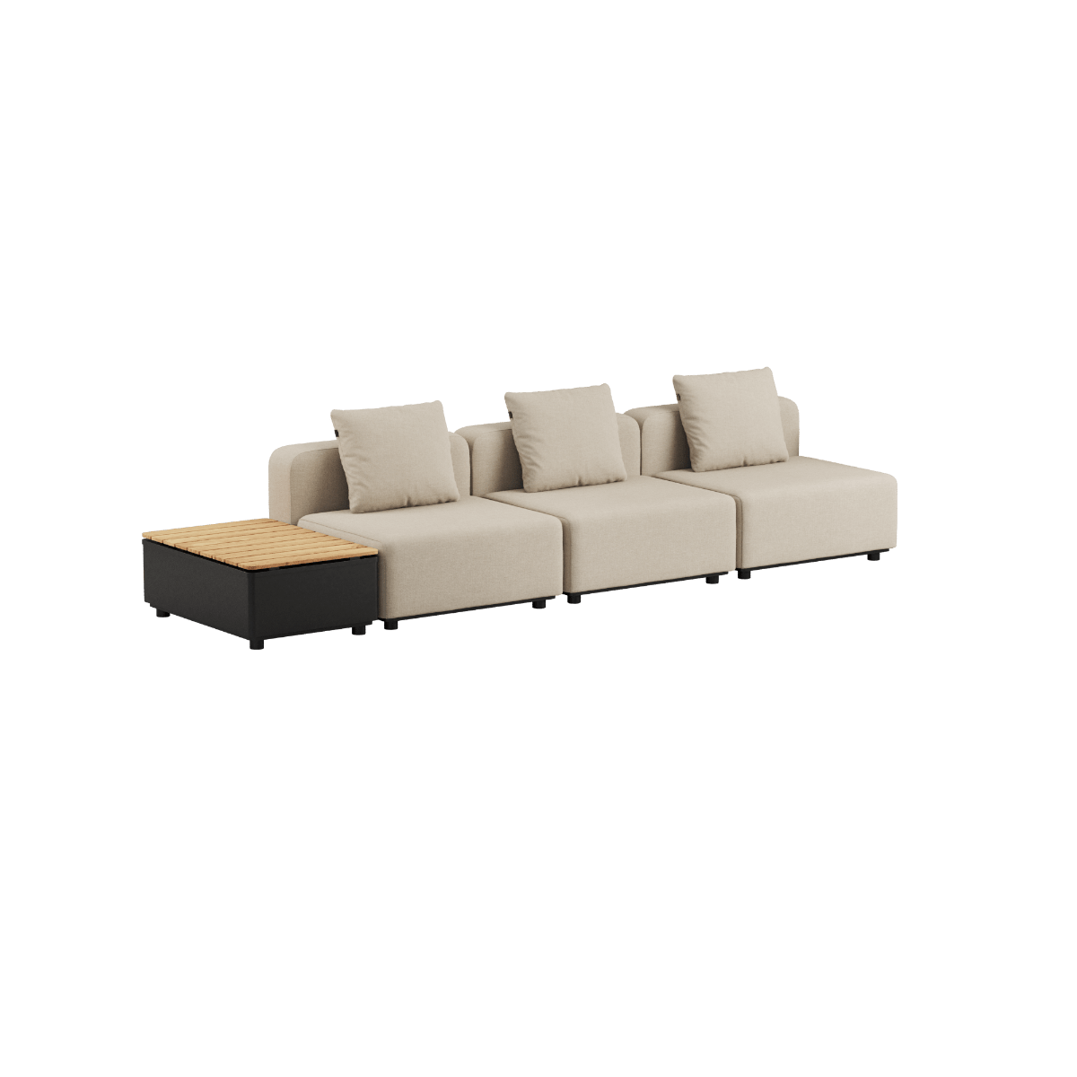 Dreisitziges Cobana Lounge Sofa in Kirra Sand ohne Armlehnen und Hocker mit Patio Storage Table aus Aluminium und Teakholz | Cobana Lounge Sofa - 3 seater w/ Patio Storage Table - Kirra Sand Ohne Armlehnen Ohne Hocker | SACKit