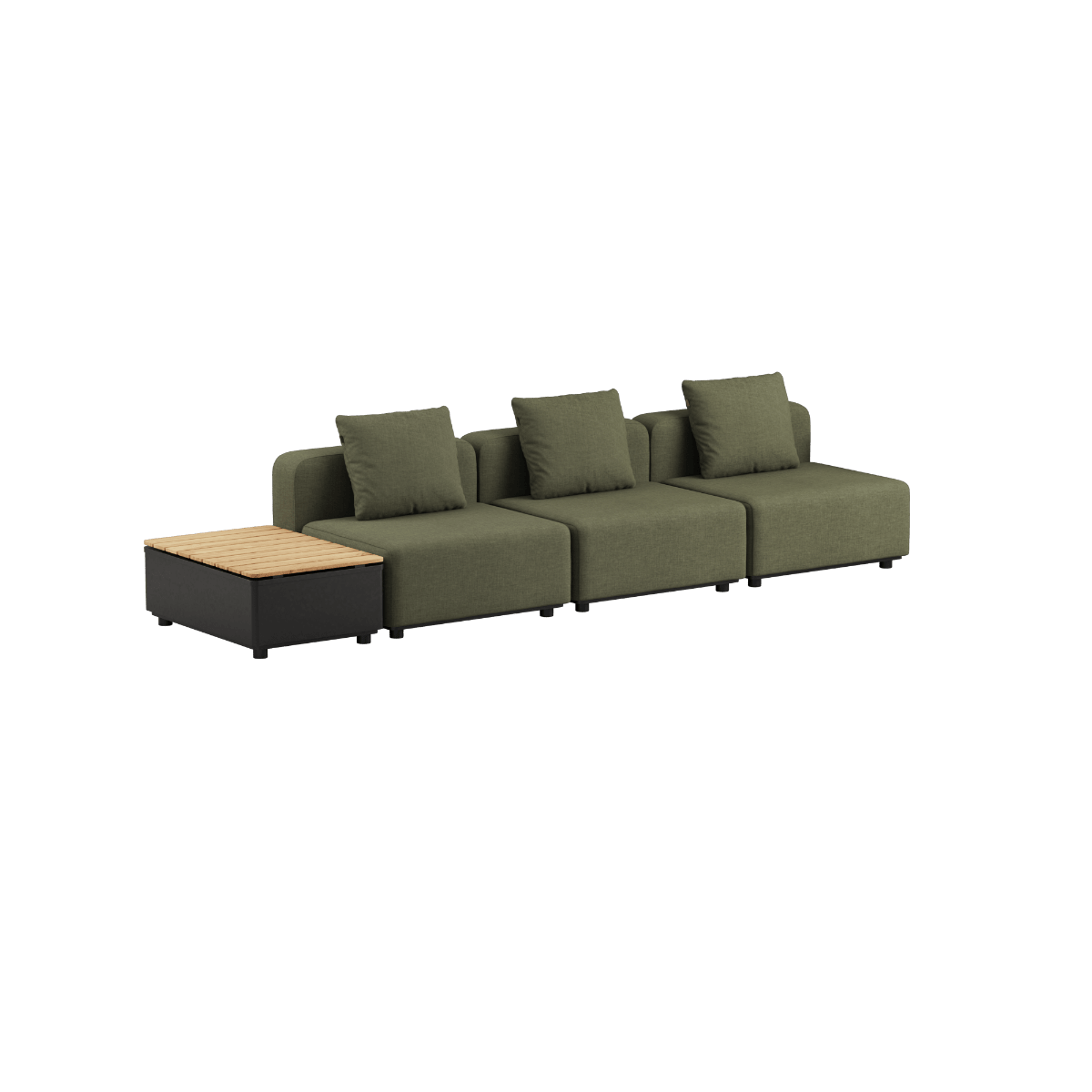 Cobana Lounge Sofa 3 - Sitzer in Kirra Olive ohne Armlehnen und Hocker mit Patio Storage Table aus Aluminium und Teakholz. | Cobana Lounge Sofa - 3 seater w/ Patio Storage Table - Kirra Olive Ohne Armlehnen Ohne Hocker | SACKit