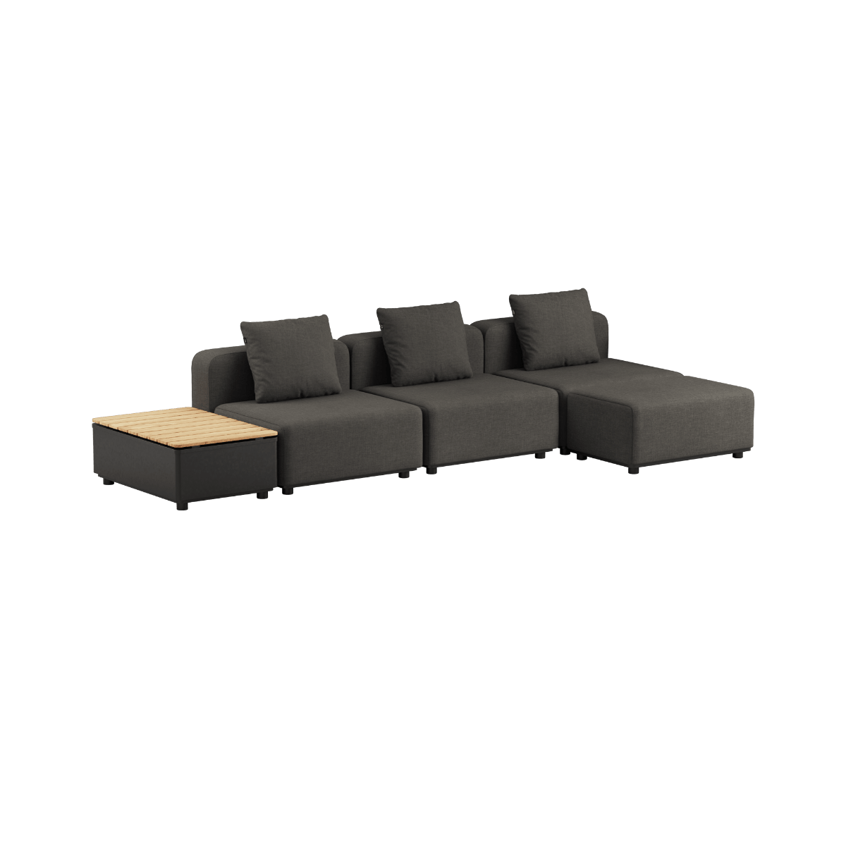 Schwarzes Cobana Lounge Sofa ohne Armlehnen mit Hocker und Patio Storage Table aus Aluminium und Teakholz. | Cobana Lounge Sofa - 3 seater w/ Patio Storage Table - Kirra Noir Ohne Armlehnen Mit Hocker | SACKit