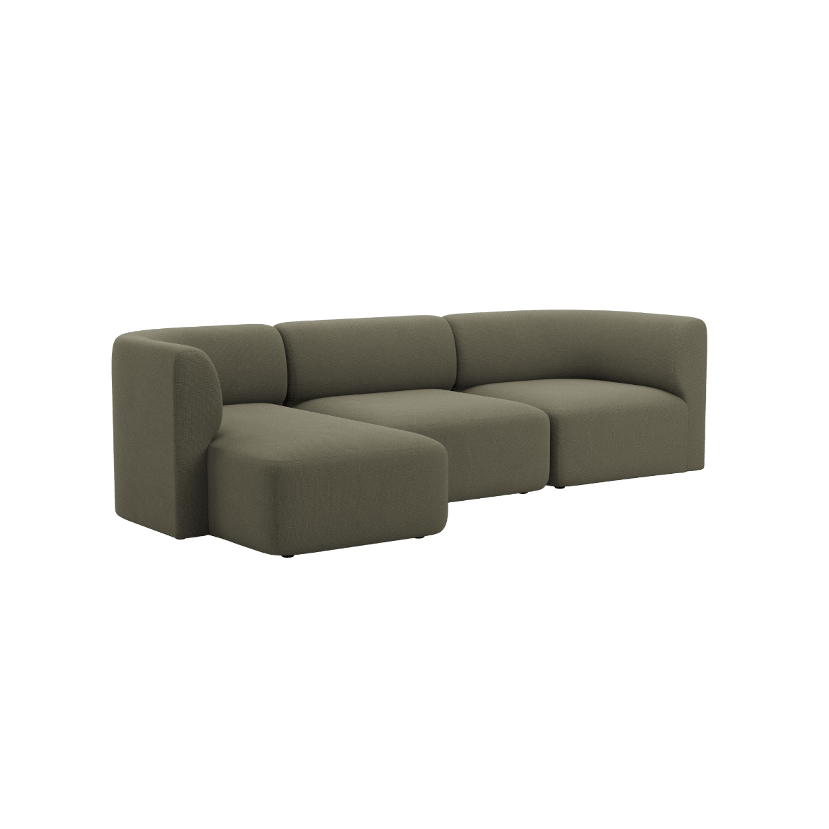 Olivgraues dreisitziges Fjord Sofa mit linker Chaiselongue und weichen abgerundeten Polstern von sackit im skandinavischen Design | Fjord Sofa - 3 Seater Chaise Left - Cosmo Olive | SACKit