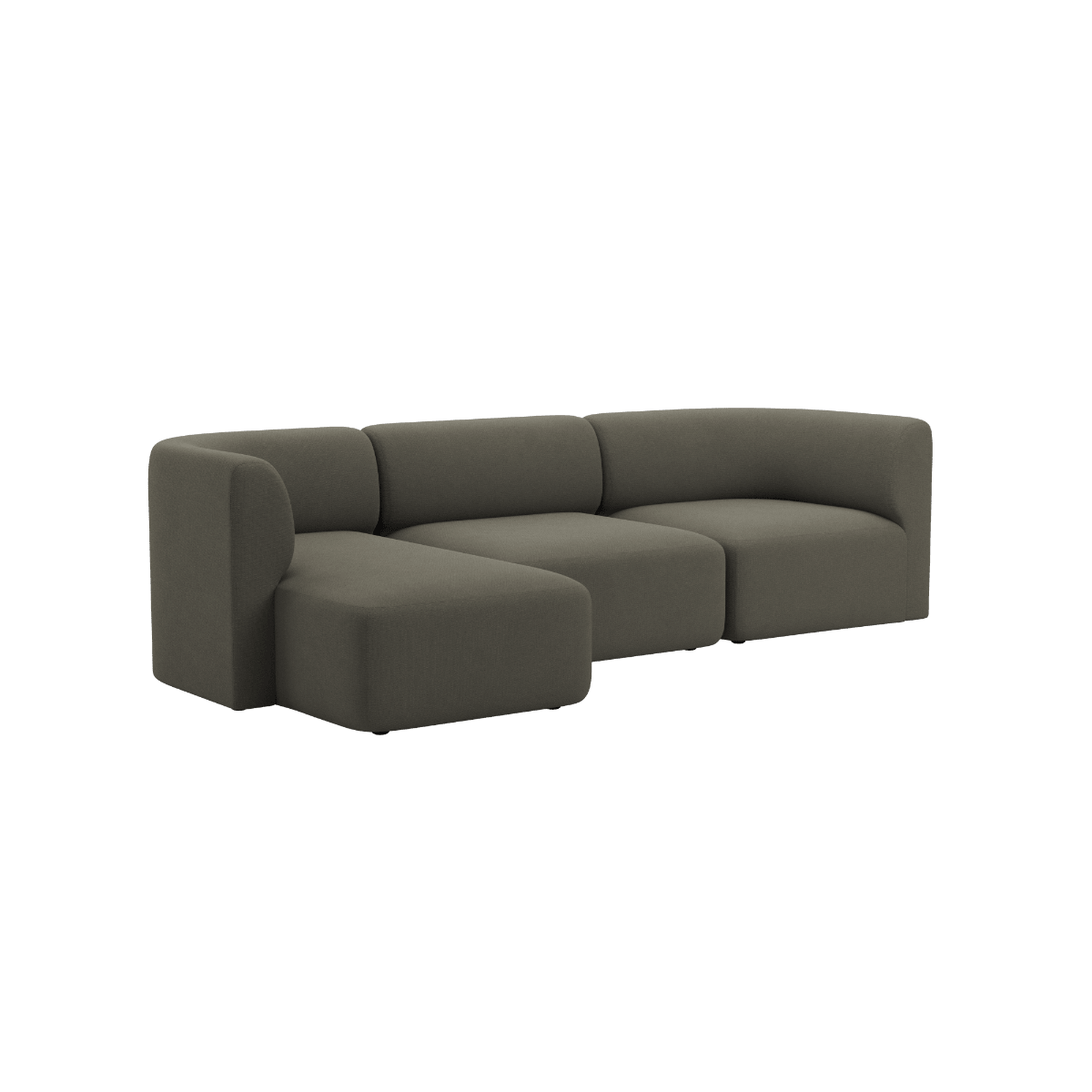 Skandinavisches Fjord Sofa von sackit als Dreisitzer mit linker Chaiselongue in dunklem Olivgrau vor schwarzem Hintergrund | Fjord Sofa - 3 Seater Chaise Left - Cosmo Stone | SACKit