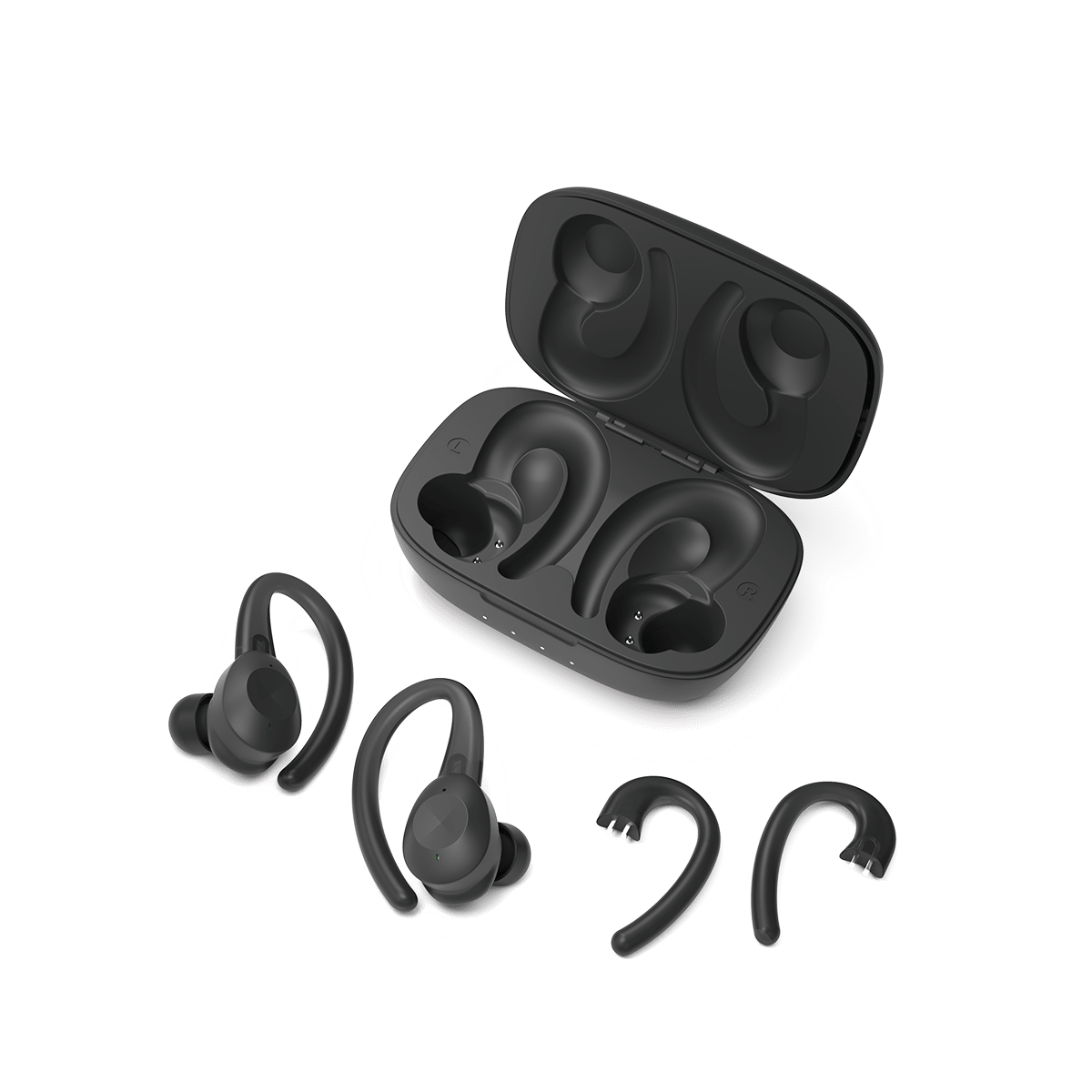 Schwarze Active 200 kabellose Sportkopfhörer mit Ladecase auf weißem Hintergrund | Active 200 - | SACKit