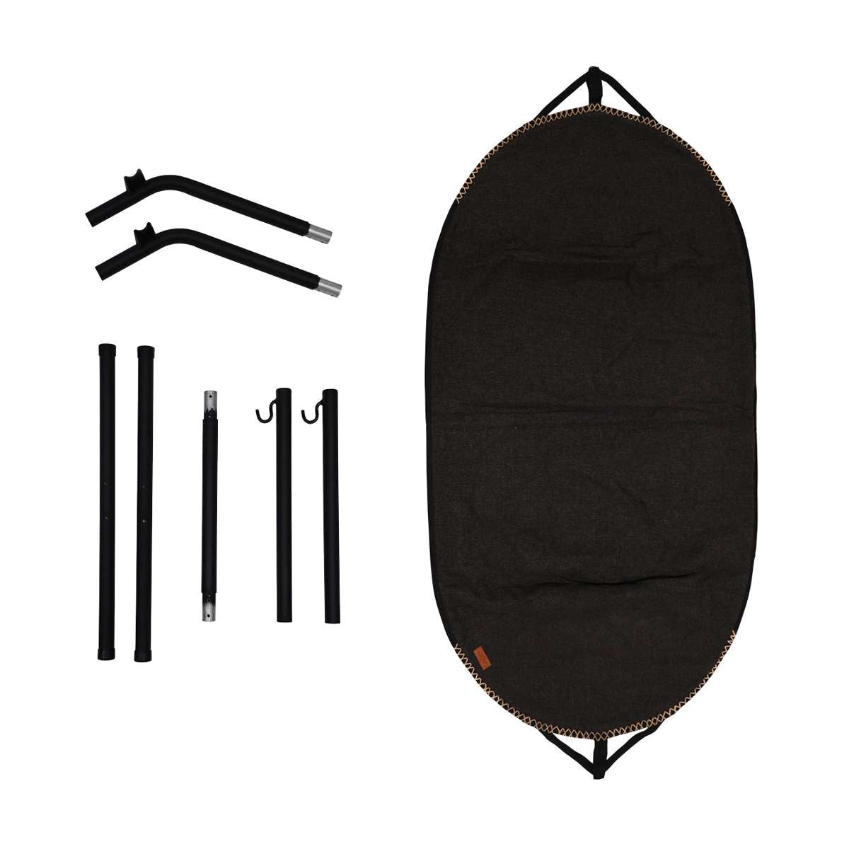 Cobana Hammock mit schwarzem Aluminiumgestell und grauem Cobana Stoff, freistehend im Außenbereich.