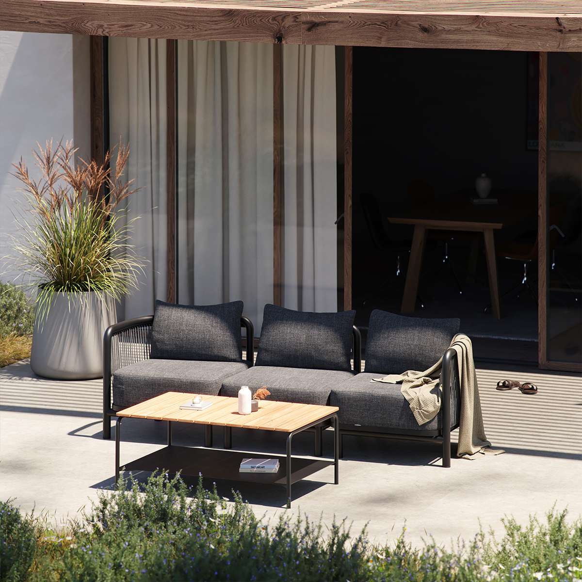 Patio Coffee Table aus pulverbeschichtetem Aluminium und Teakholz, rechteckig, 110x70 cm, Outdoor - Design | Patio Coffee Table - 110x70 - Mit Accessory Fit | SACKit