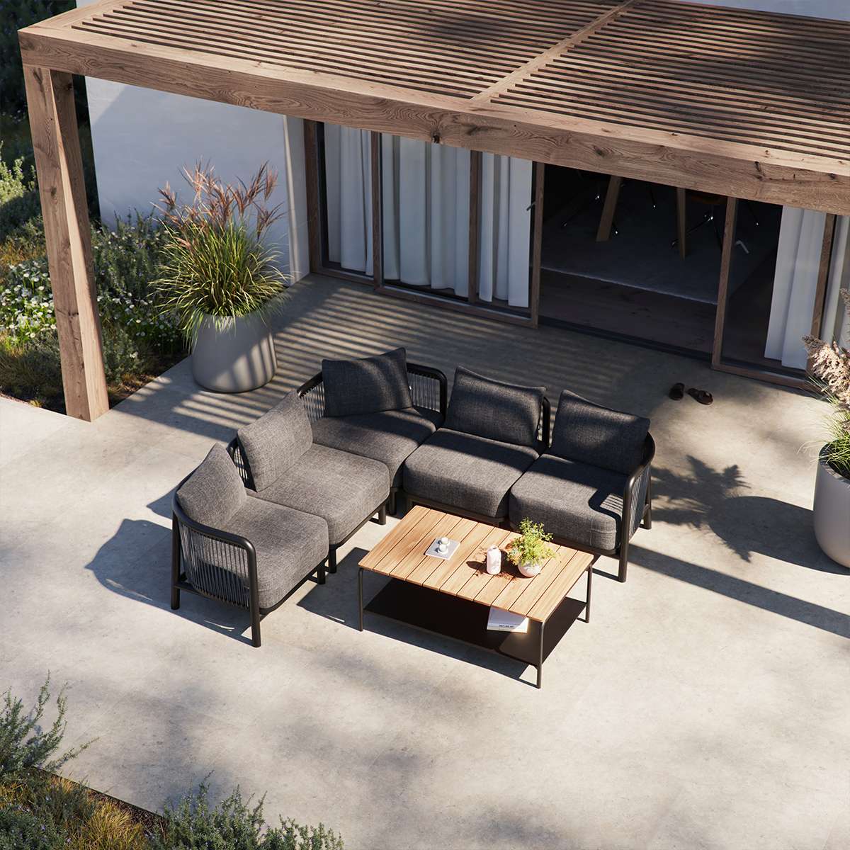 Patio Coffee Table aus pulverbeschichtetem Aluminium und Teakholz, rechteckig, 110x70 cm, Outdoor - Setting | Patio Coffee Table - 110x70 - Mit Accessory Fit | SACKit