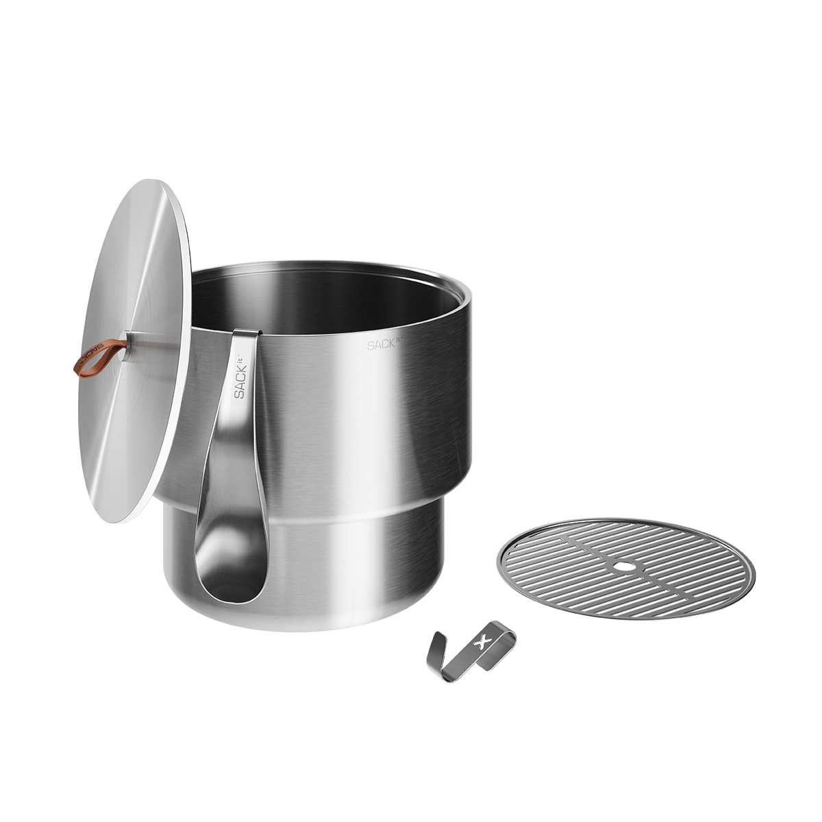 Zubehörset aus mattem Edelstahl für Wine Bucket Ø22 mit Deckel, Abtropf-Rost, Eiswürfellöffel und Handtuchhaken.