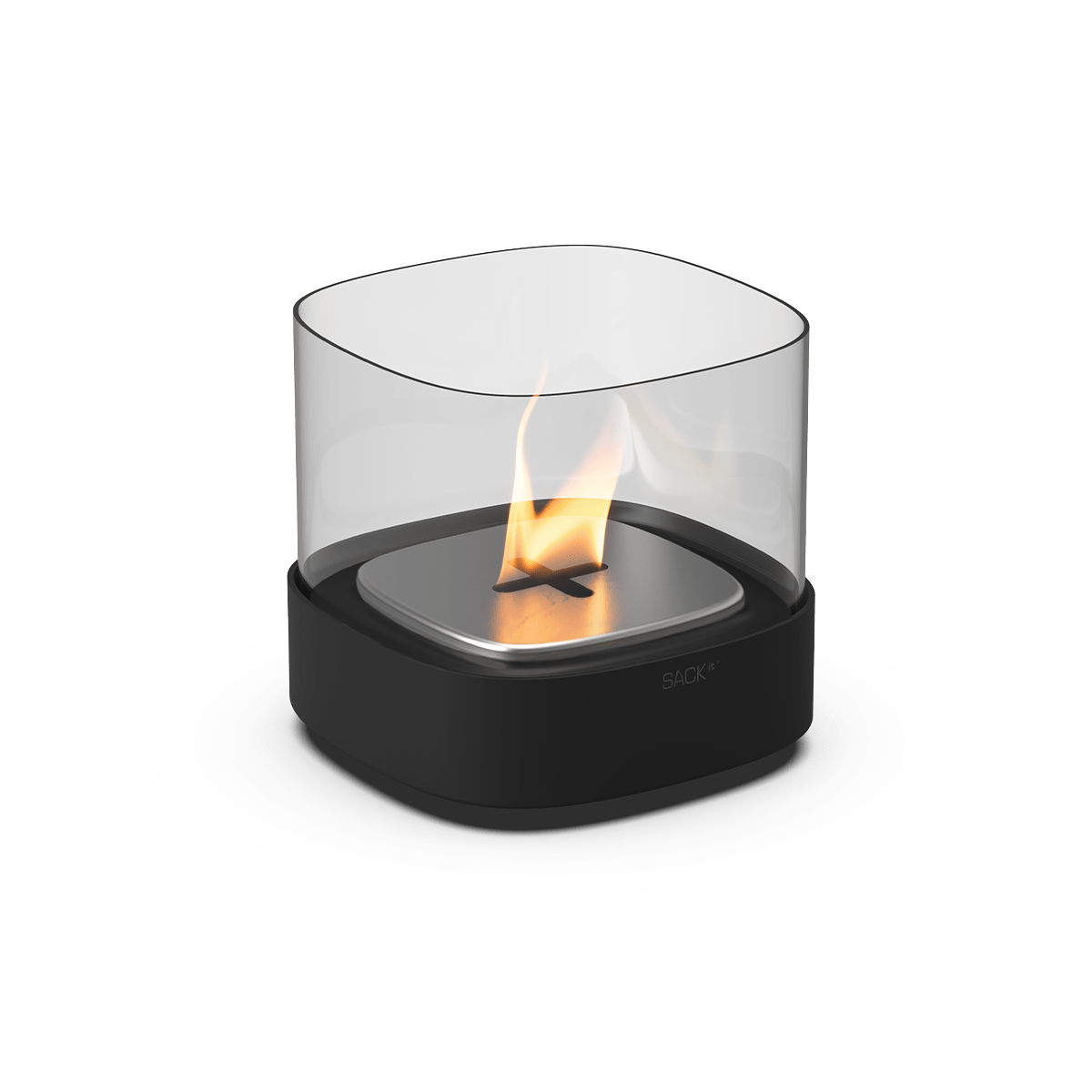 Schwarze SACKit Bio Lamp aus pulverbeschichtetem Stahl mit hitzebeständigem Glas, Ø14 cm, für drinnen und draußen.