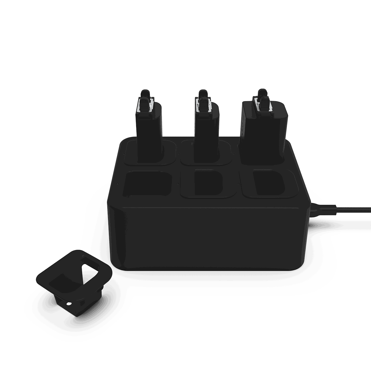 Weiße Battery Charging Station aus ABS - Plastik mit sechs Ladepunkten und Kabel, kompakt und modern gestaltet. | Light - Battery Charging Station - | SACKit