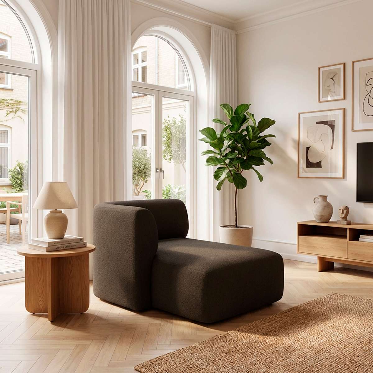 Fjord Sofa mit rechter Chaiselongue in braunem Sealife - Textil mit weichen Linien und skandinavischem Design | Fjord Sofa - Chaise Right - Cosmo Stone | SACKit