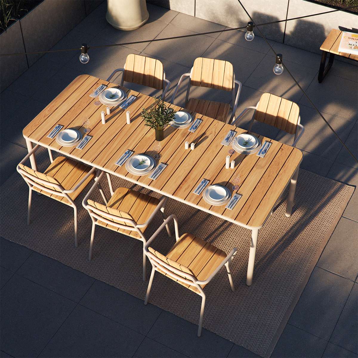 Kirra Dining Table 210x90 aus pulverbeschichtetem Aluminium und unbehandeltem Teakholz in Taupe, Outdoor - Esstisch | Kirra Dining Table 210x90 - Noir | SACKit