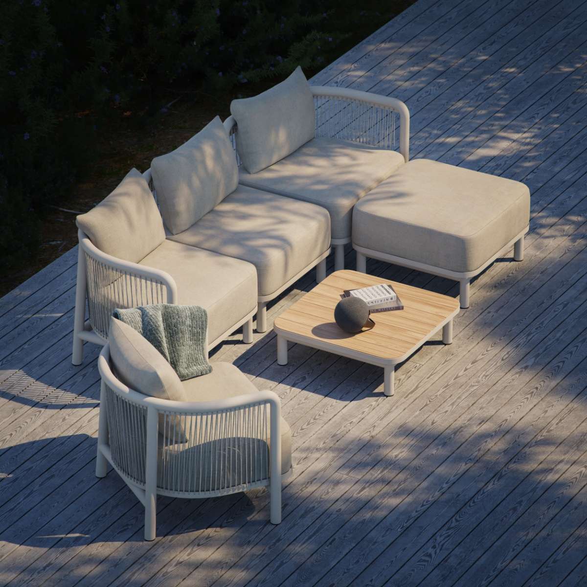 Kirra Lounge Sofa 2 - Sitzer in Kirra Sand mit passendem Kirra Tisch, modernes Outdoor - Design aus Aluminium und Olefin - Gewebe | Kirra Lounge Sofa - 2 seater incl. Kirra Table - Kirra Noir Mit Accessory Fit | SACKit