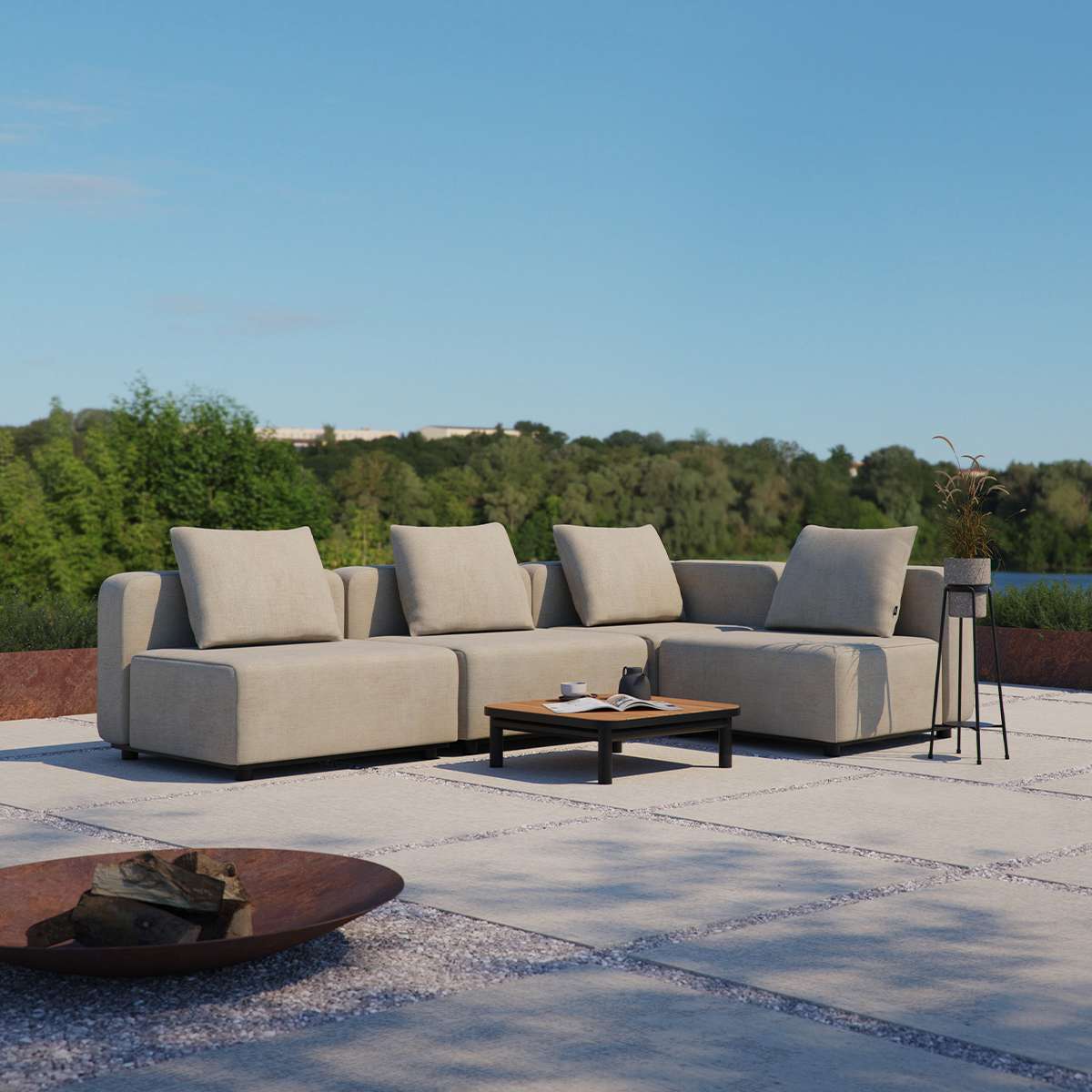 Schwarzes Cobana Lounge Sofa mit Eckelement und Kissen, modernes Outdoor - Modulsofa aus Aluminiumrahmen | Cobana Lounge Sofa - 4 seater corner sofa - Kirra Olive Mit Armlehnen | SACKit
