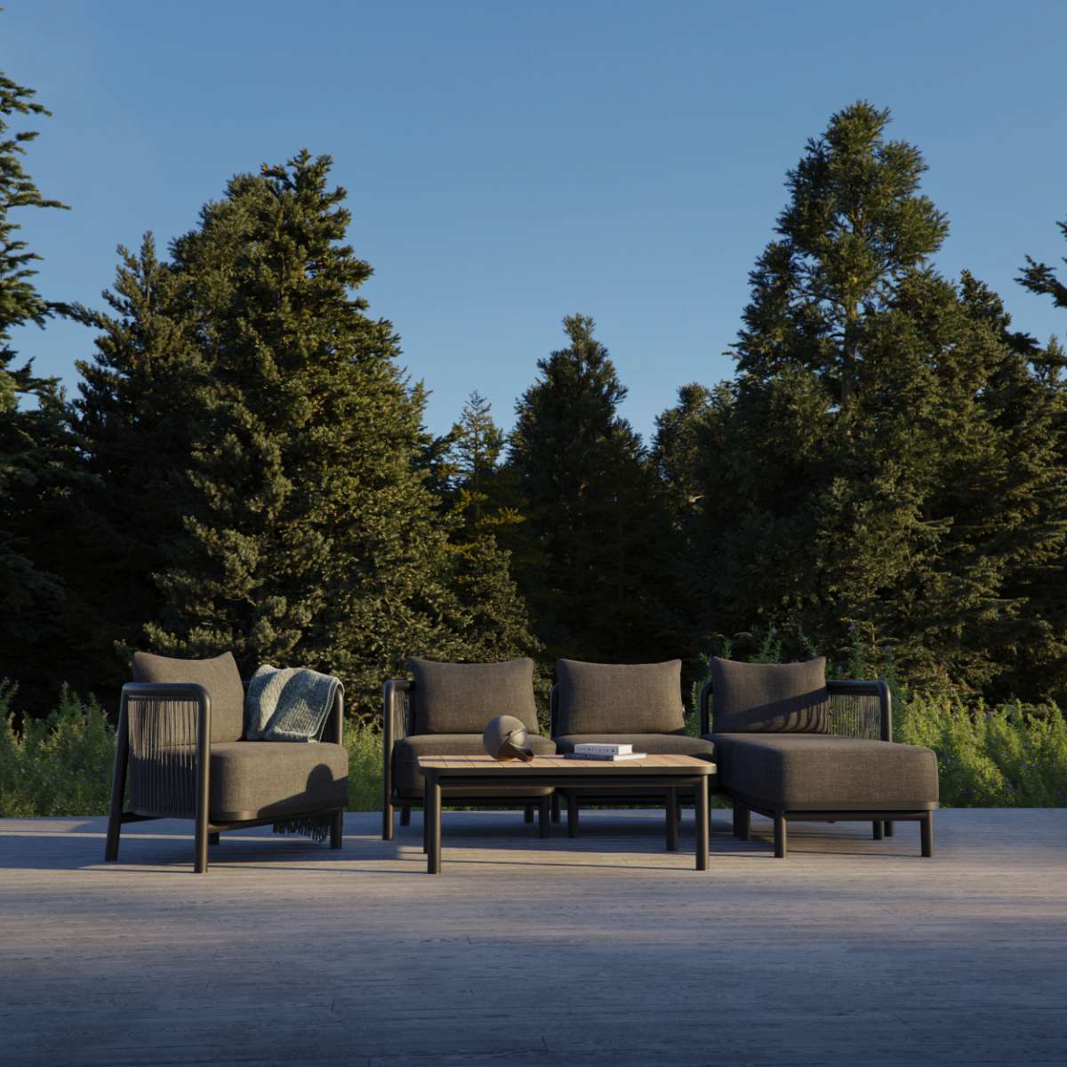 Kirra Lounge Sofa 2 - Sitzer in Kirra Sand mit Kirra Table, modernes Outdoor - Loungeset aus Aluminium und Olefin - Textil | Kirra Lounge Sofa - 2 seater incl. Kirra Table - Kirra Noir Mit Accessory Fit | SACKit