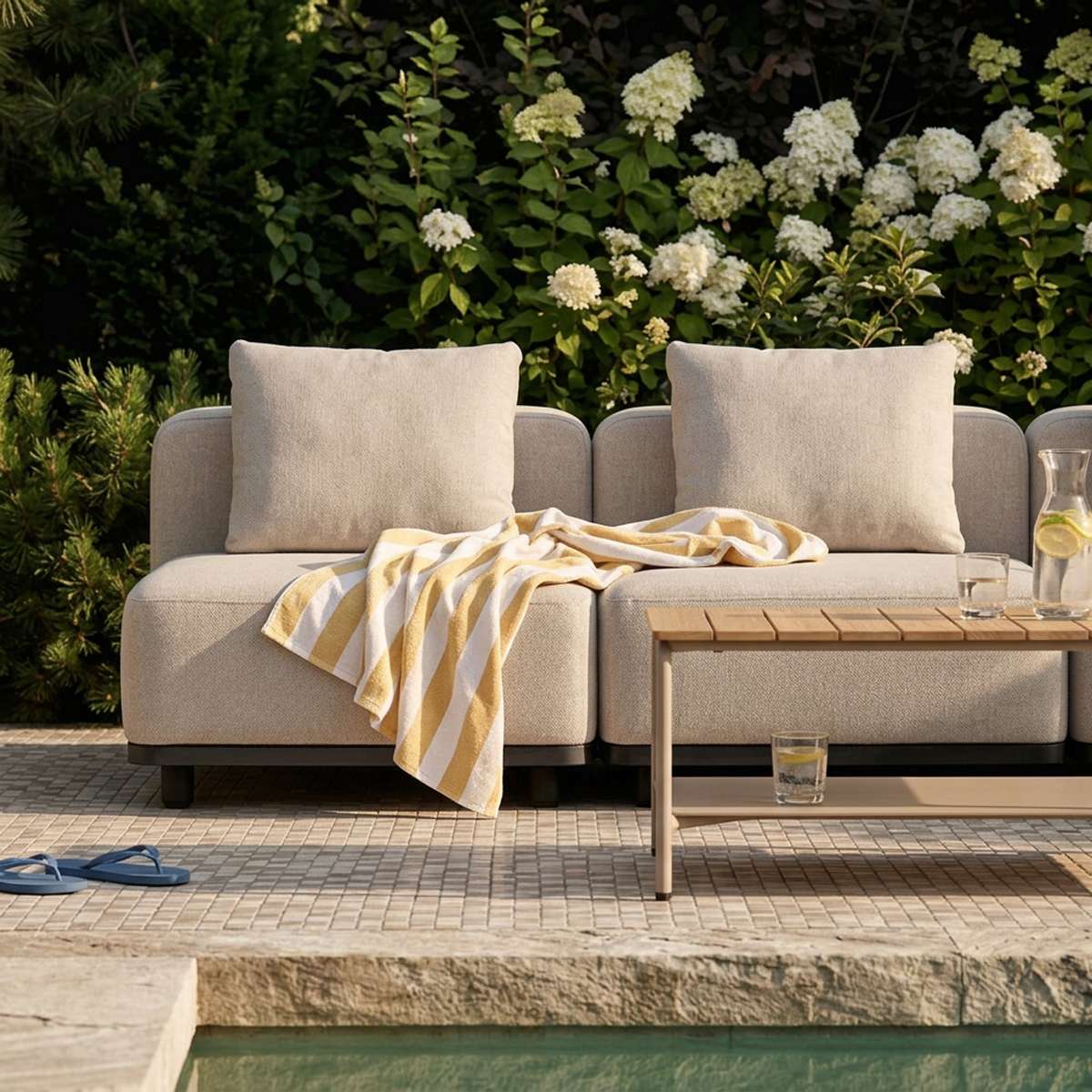 Modulares Outdoor Sofa von sackit im Garten am Pool mit hellen Kissen gestreifter Decke und Holztisch für skandinavische Loungeatmosphäre | Cobana Lounge Sofa - 4 seater corner sofa - Kirra Sand Mit Armlehnen | SACKit