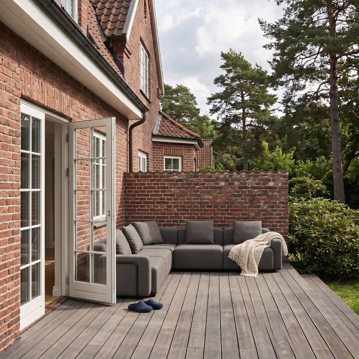 Graues modulares 5-Sitzer-Ecksofa von sackit auf einer Holzterrasse an einer Backsteinvilla mit Decke und Kissen unter hohen Bäumen | Cobana Lounge Sofa - Corner - Kirra Noir | SACKit