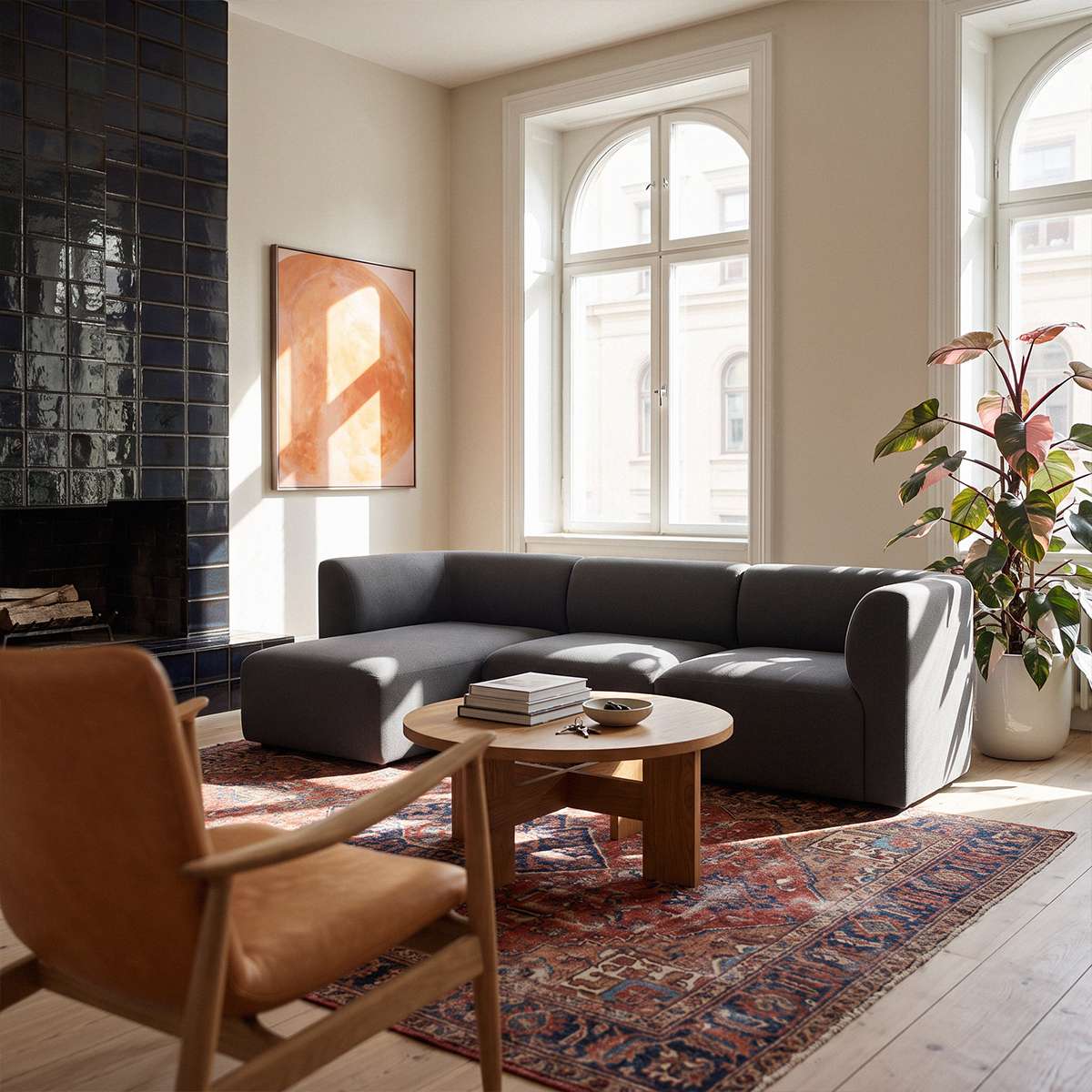 Skandinavisches Wohnzimmer mit dunkelgrauem Fjord Sofa und linker Chaiselongue von sackit vor großen Fenstern mit Teppich Couchtisch und Zimmerpflanze | Fjord Sofa - Chaise Left - Cosmo Clay | SACKit