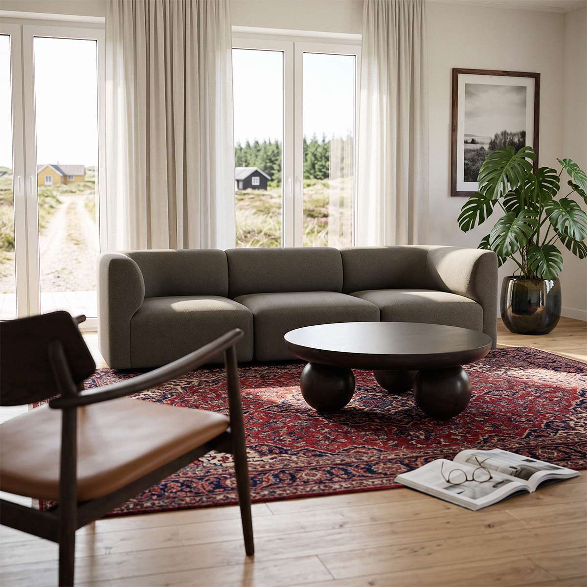 Dreisitziges graues Fjord Sofa in einem hellen skandinavischen Wohnzimmer mit Couchtisch Teppich großen Fenstern und grüner Zimmerpflanze | Fjord Sofa - 3 seater - Cosmo Olive Mit Hocker | SACKit