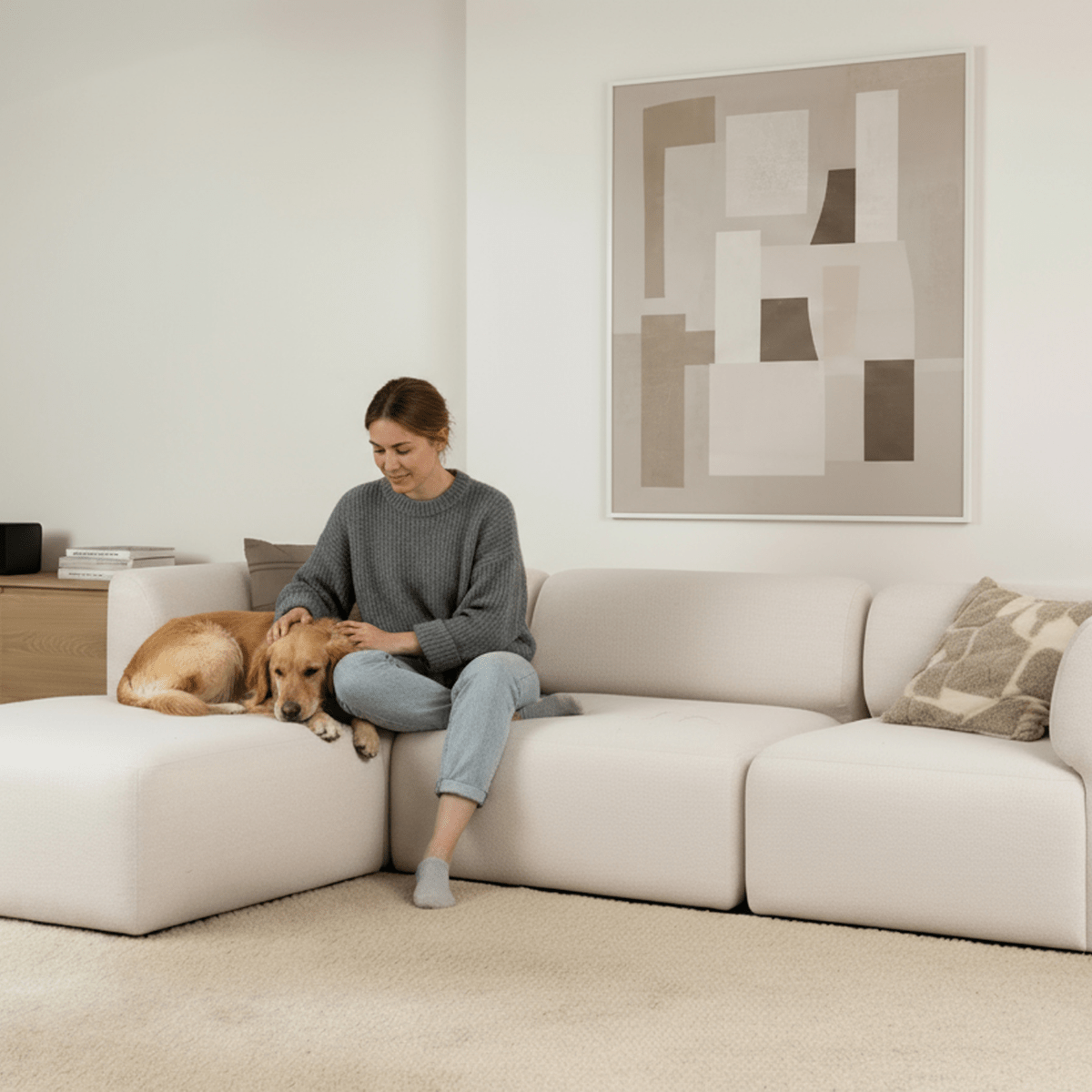 Fjord Sofa Sitzelement in warmem Cosmo Mustard mit weichen Linien und skandinavischem Design | Fjord Sofa - 3 seater - Cosmo Olive Mit Hocker | SACKit