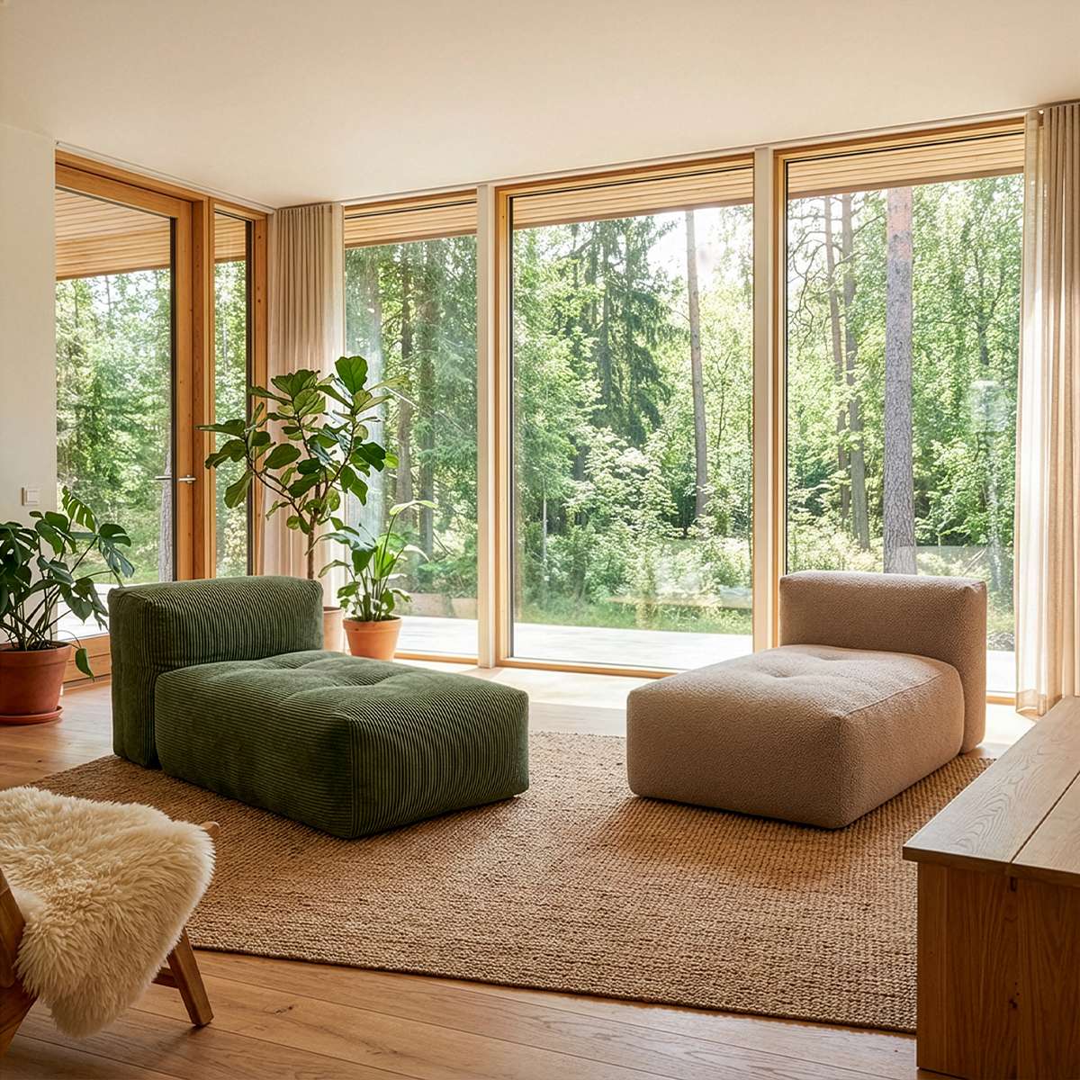 Modulares boneless Sofa im Wohnzimmer mit grünen und beigefarbenen Polsterelementen auf einem Teppich vor großen Fenstern mit Blick in den Wald