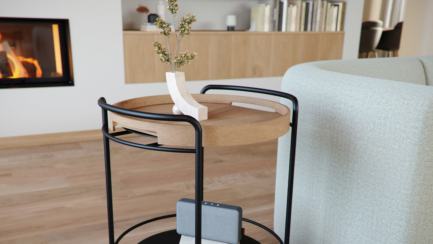 Serving Table w/ Nordic Serving Tray - Tabletttisch aus Stahl mit Serviertablett aus Eichenfurnier