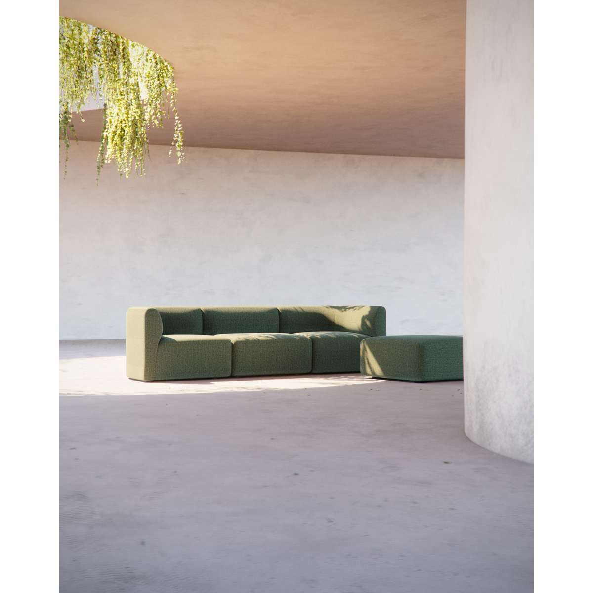 Skandinavisches Fjord Sofa mit weichen Linien und abgerundeten Kanten in neutralem Wohnraum. | Fjord Sofa - 3 seater - Cosmo Olive Mit Hocker | SACKit