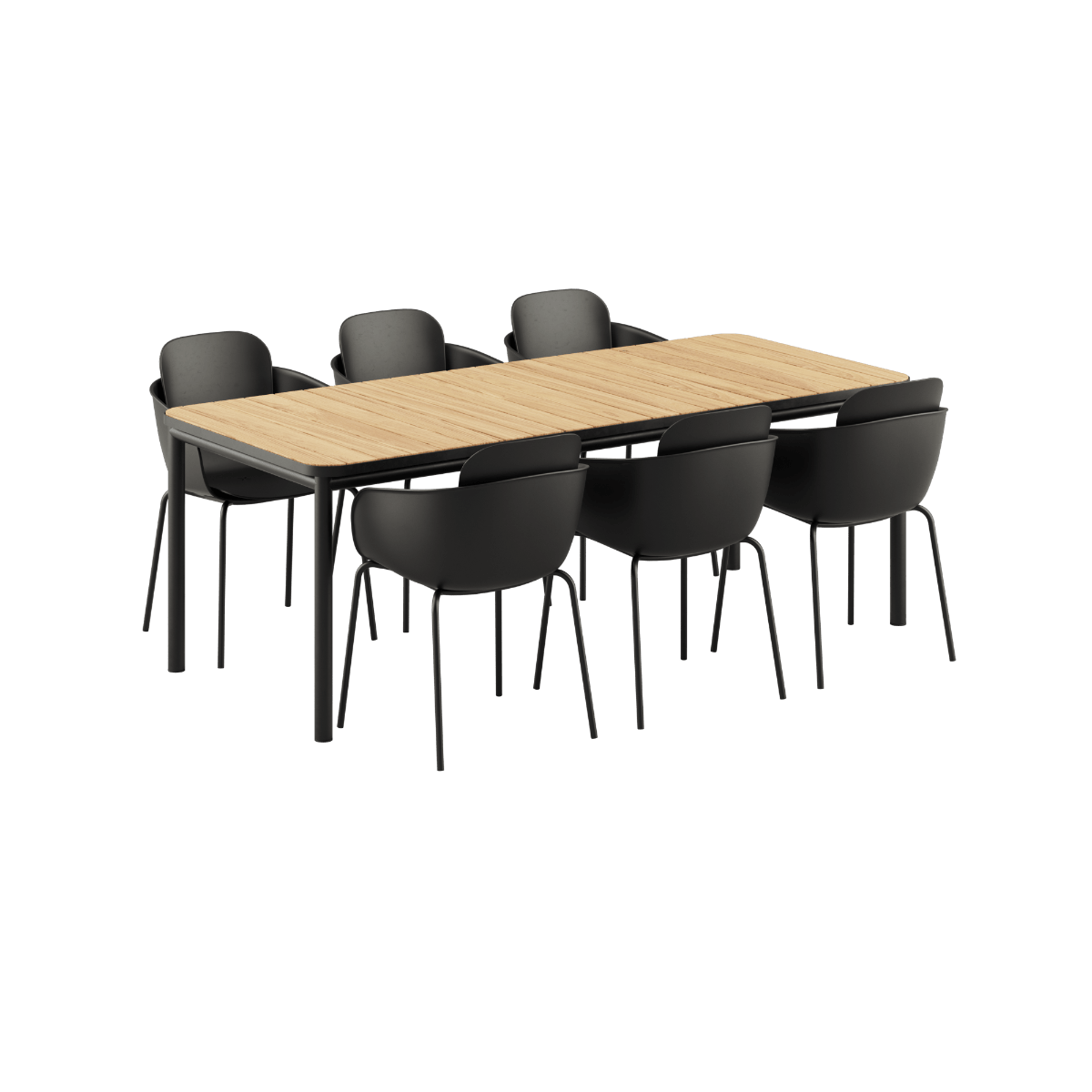 Kirra Dining Table 210x90 mit sechs Patio Chair no. One S2 in Noir/Noir, Aluminium und Teakholz. | Kirra Dining Table Noir & 6 Patio Chair no. One - Patio Chair no. One S2 Noir/ Noir | SACKit