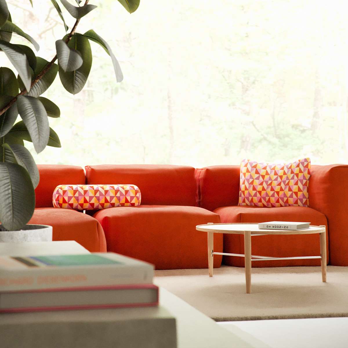 Soft Sofa Indoor 5 - Sitzer Ecksofa mit orangefarbenem Jaquard - Stoff, modulare Anordnung, weiche Polsterung | Soft Sofa Indoor - 5 Seater Corner Sofa - Teddy Beige | SACKit