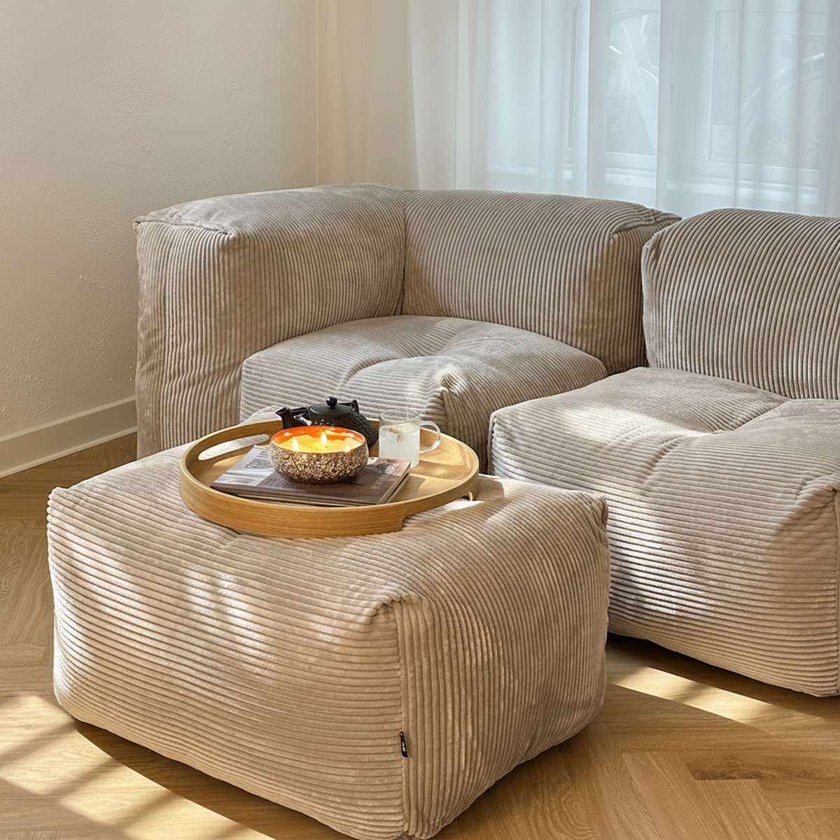 Soft Sofa Indoor Pouf in olivgrünem Corduroy - Stoff mit weicher, formbarer Polsterung. | Soft Sofa Indoor - Pouf - Teddy Beige | SACKit