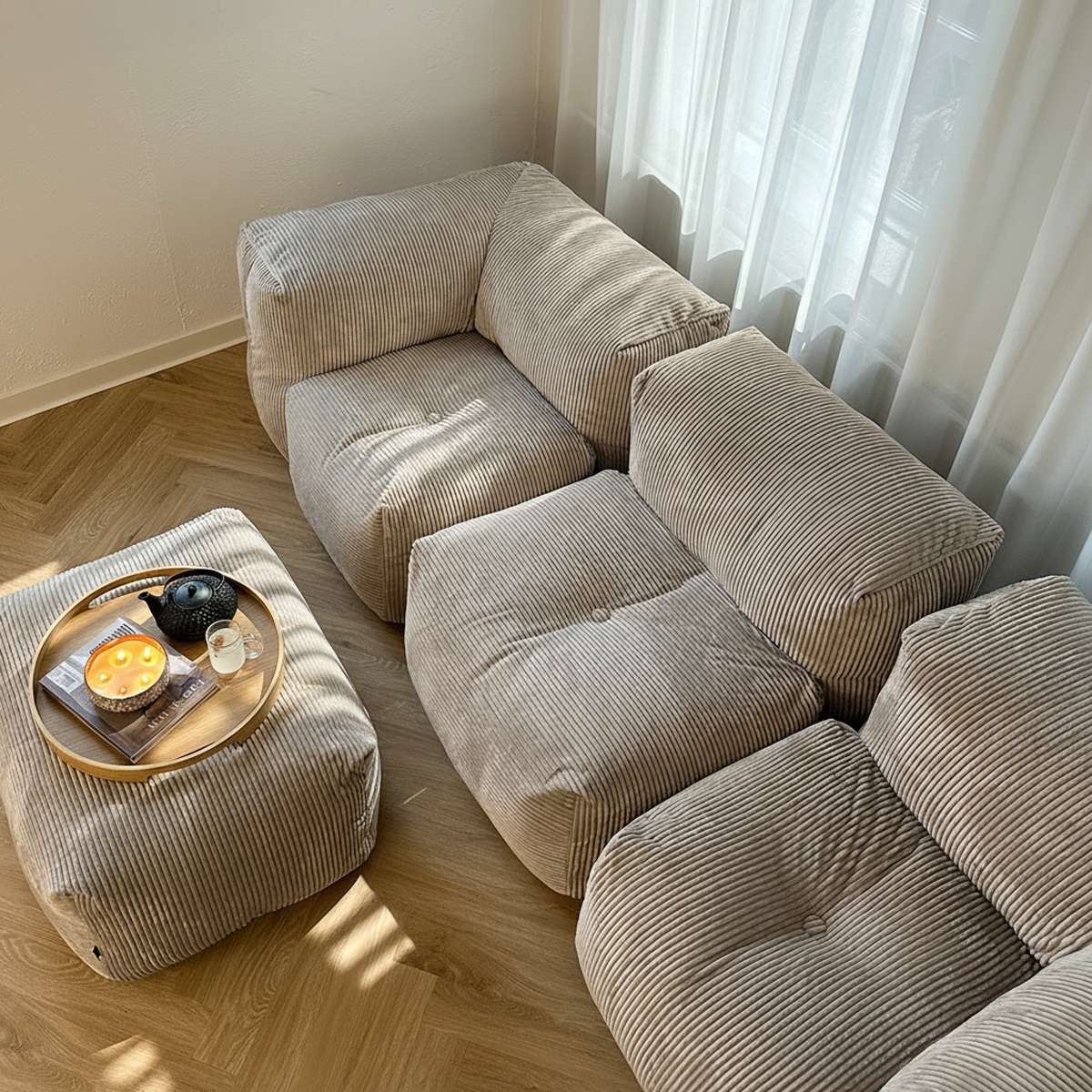 Soft Sofa Indoor 3 - Sitzer in Corduroy Olive mit weicher, modularer Polsterung und ohne Hocker. | Soft Sofa Indoor - 3 Seater - Teddy Brown Ohne Hocker | SACKit